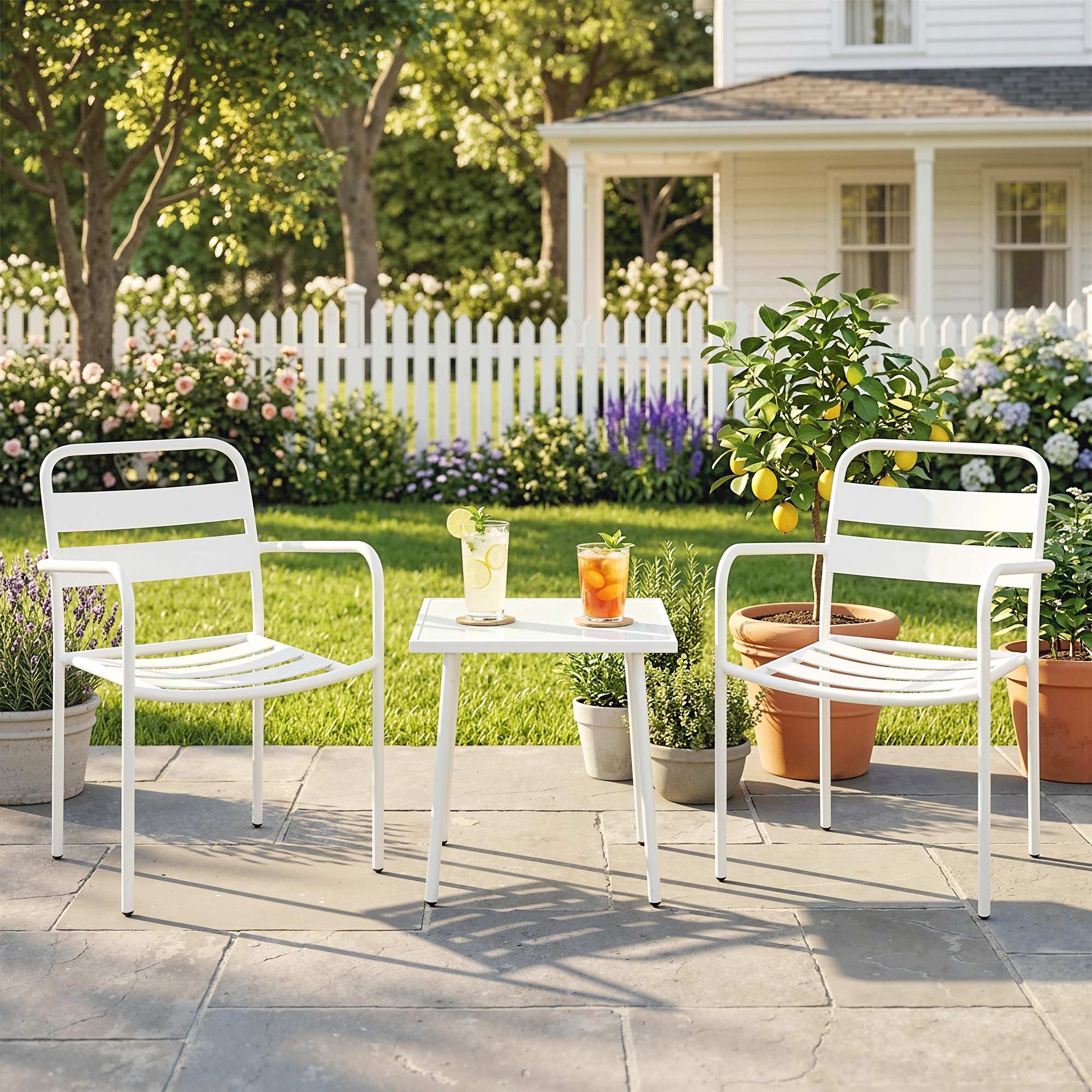 Bistroset 3 teiliges Metall Gartenmöbel-Set mit 2 Gartenstühlen, Glastisch, Lamellen-Design, Rostbeständig