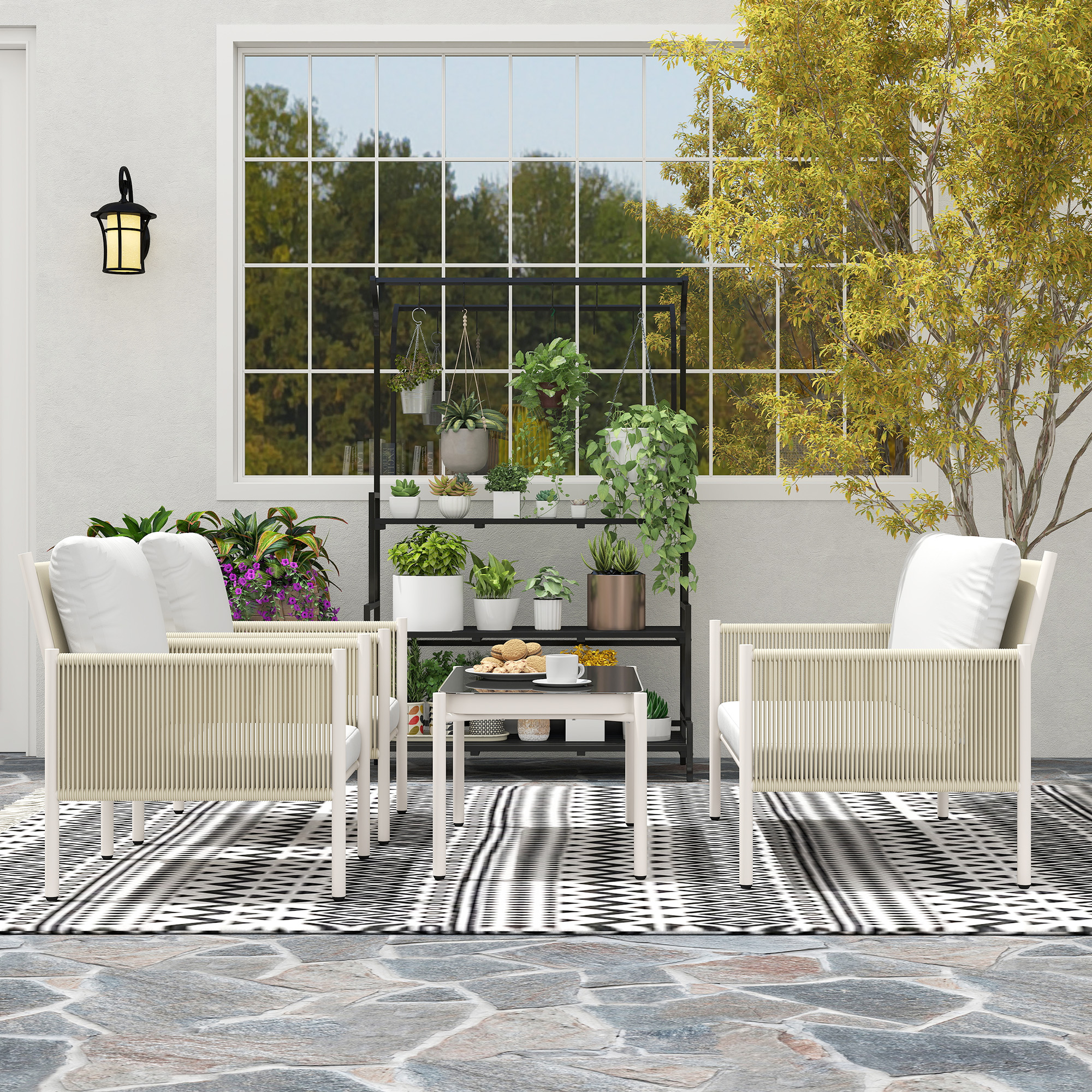 Gartenmöbel Set aus Polyrattan Lounge-Set mit 2er Sofa Sessel Glastisch Kissen 4 Personen Braun+Grau