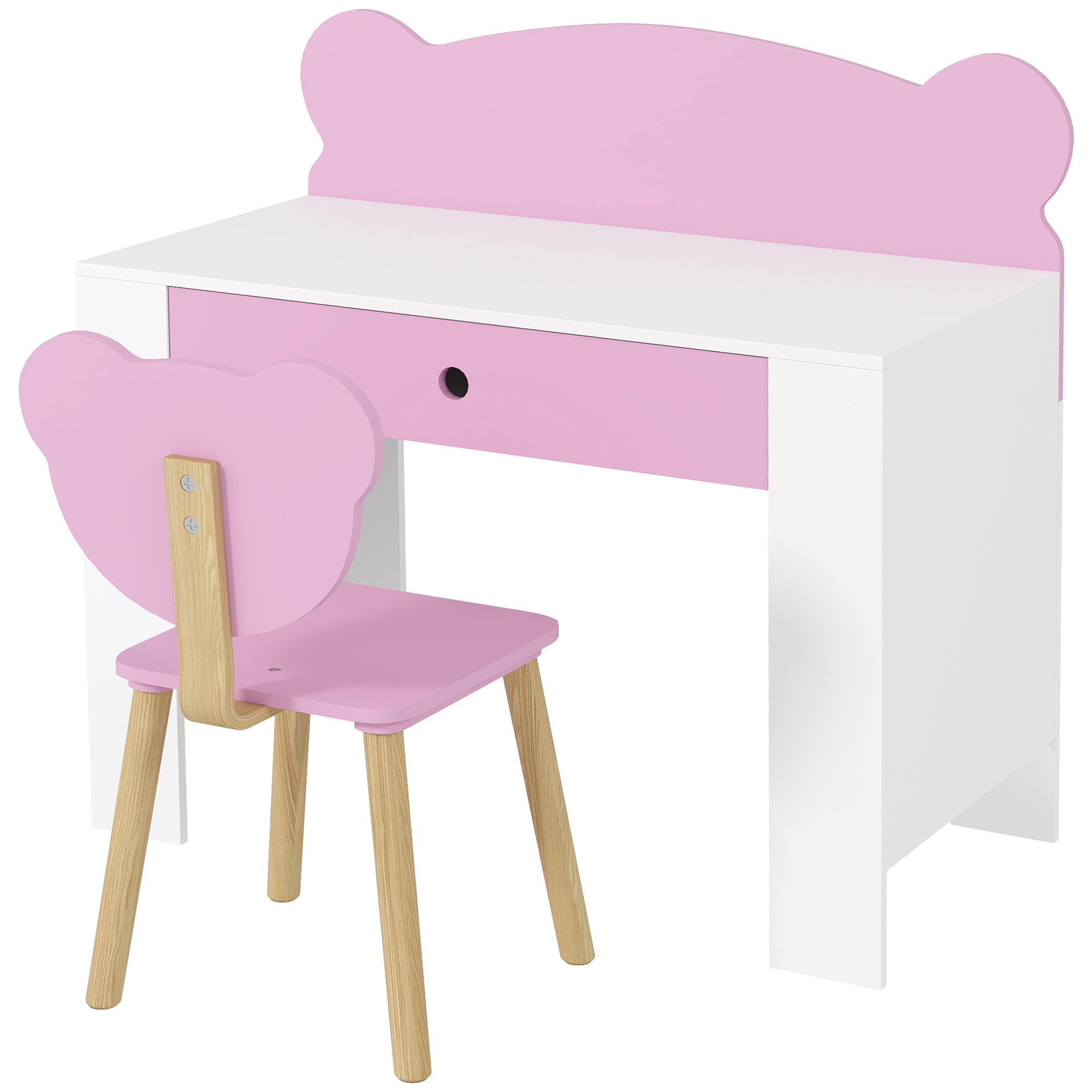 Schreibtisch-Set für Kinder, Arbeitstisch und Stuhl mit Bärenform, Schublade, zum Schreiben und Basteln, 3-8 Jahre, Rosa