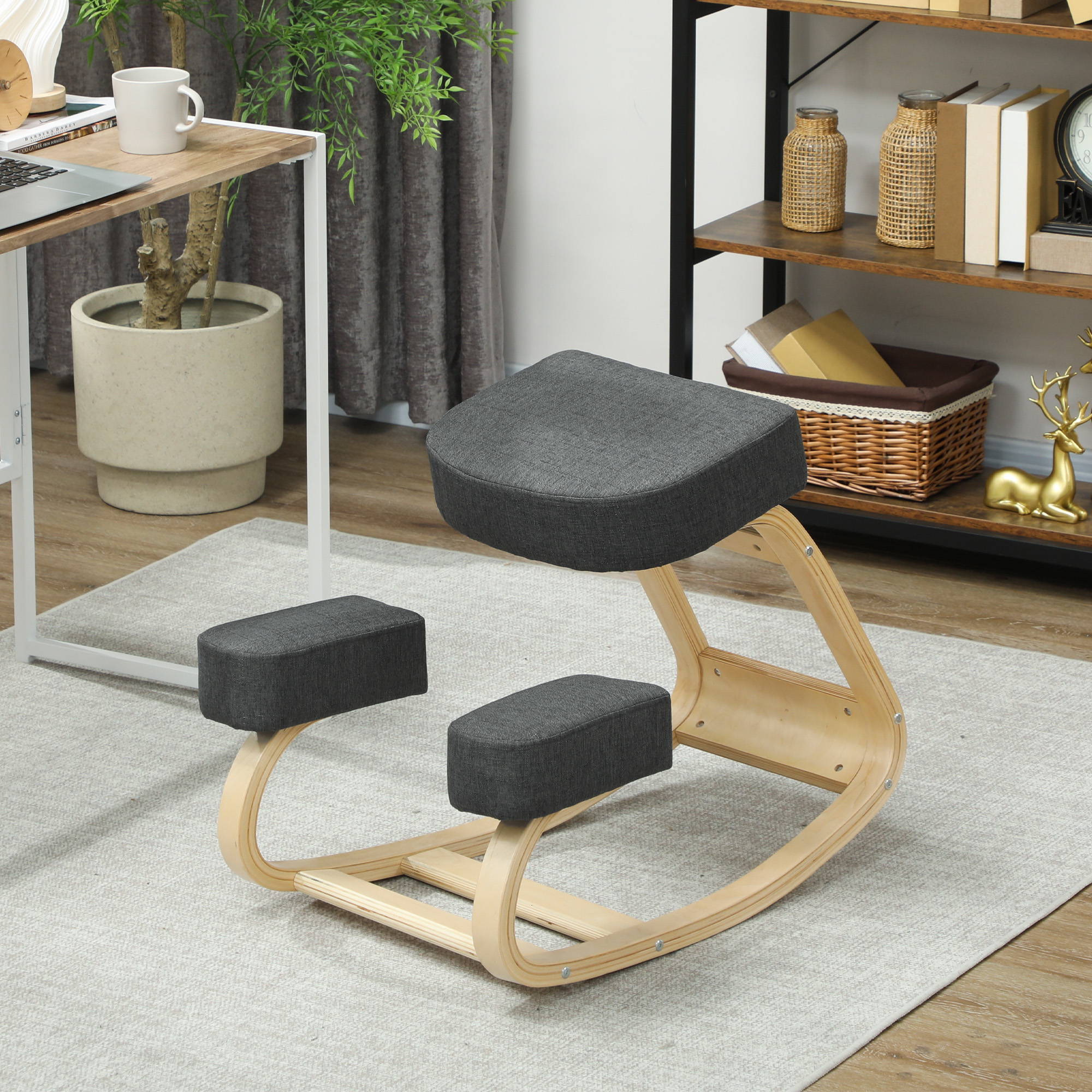 Kniestuhl, ergonomischer Sitzhocker, Polsterhocker für gesunde Sitzhaltung, Birkenholz, 120 kg belastbar, Dunkelgrau