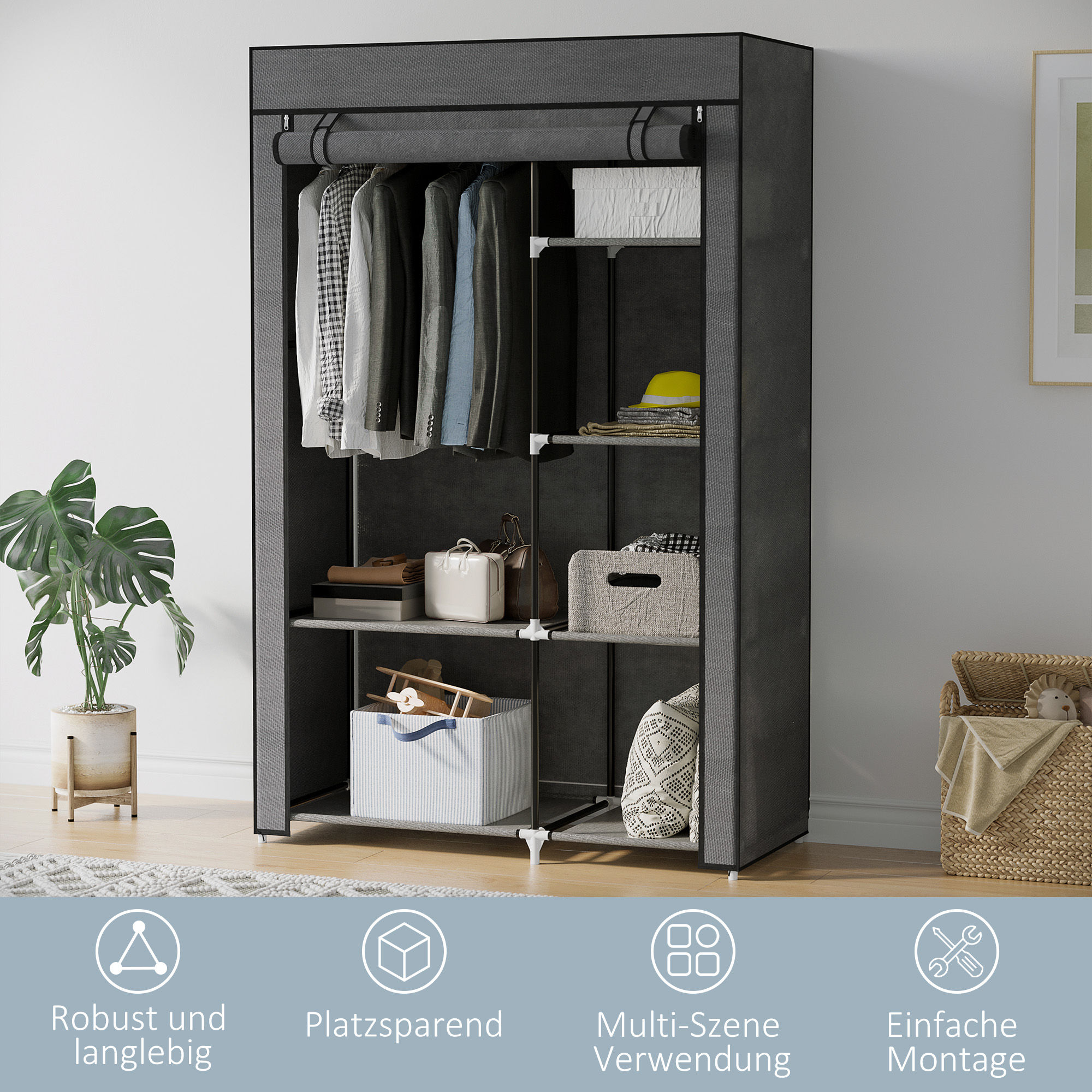 Schrank aus Stoff, Aufbewahrungslösung, 6 Regale, 1 Kleiderstange, Dunkelgrau