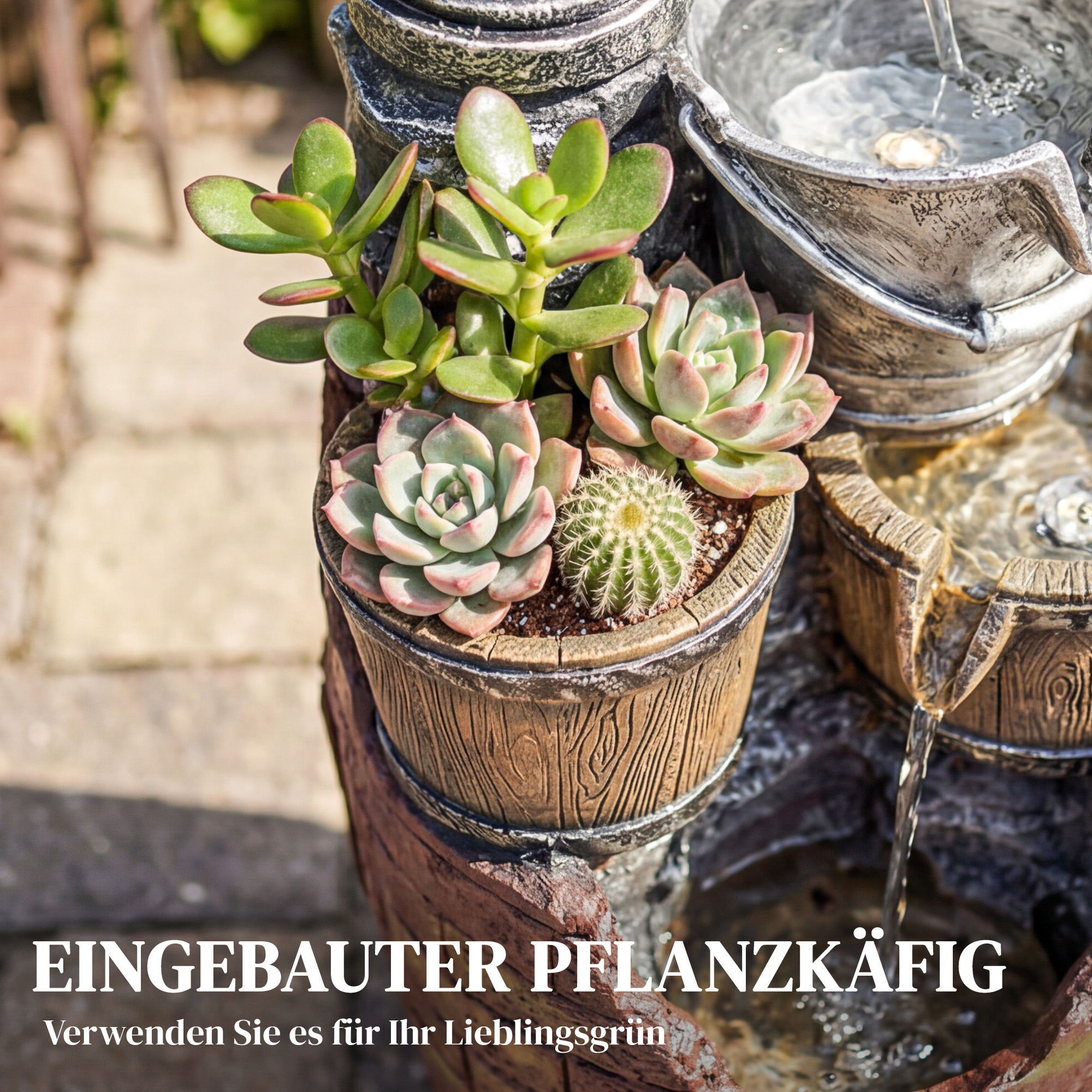 Springbrunnen 4-stufig rustikal Gartenbrunnen mit LED Beleuchtung Pflanzkübel Pumpe, Verstellbar 34 x 31 x 76 cm