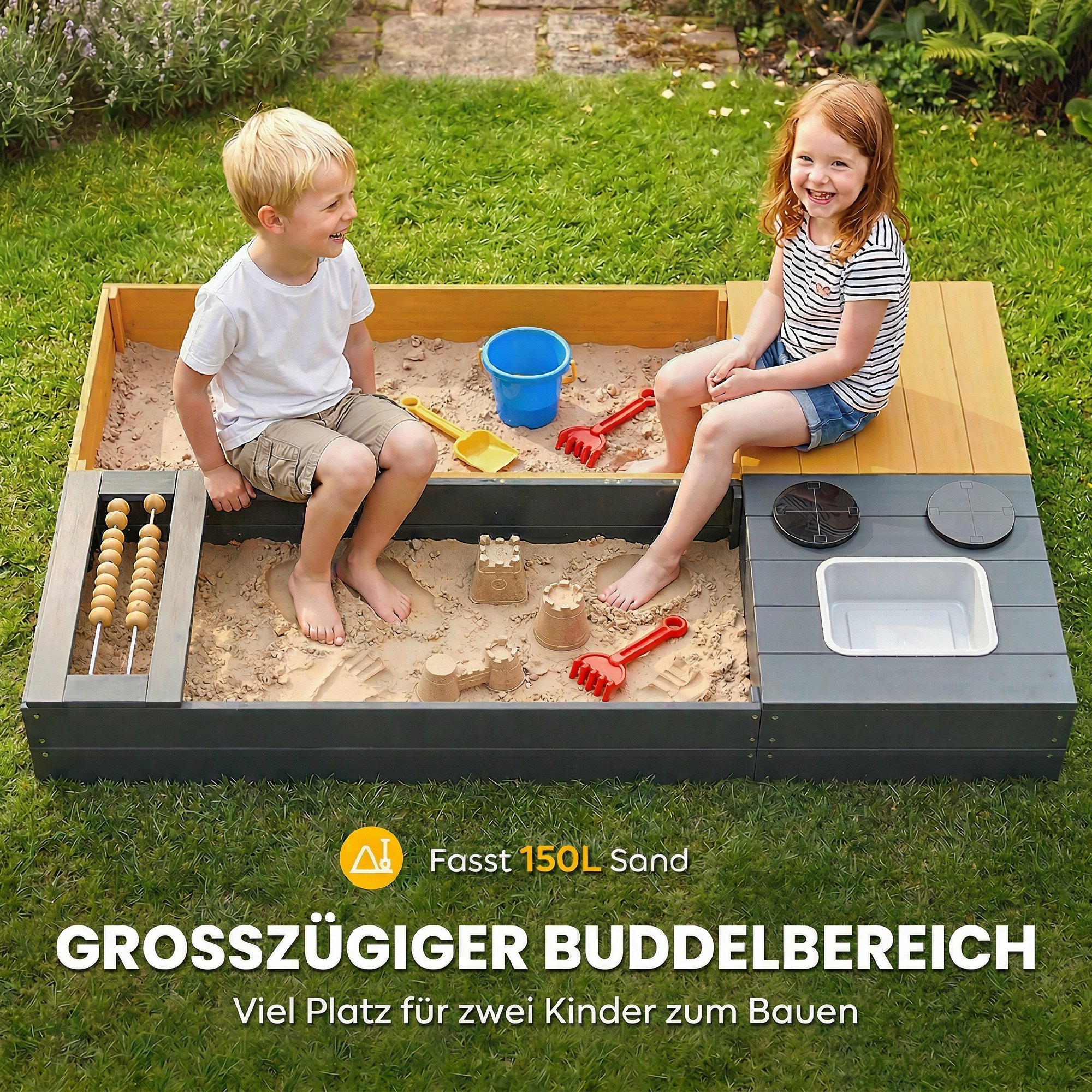 Sandkasten 2-teilig 150x90cm Holz Sandkiste mit Sitzbank Stauraum Herd herausnehmbarem Waschbecken Abakusperlen Gelb