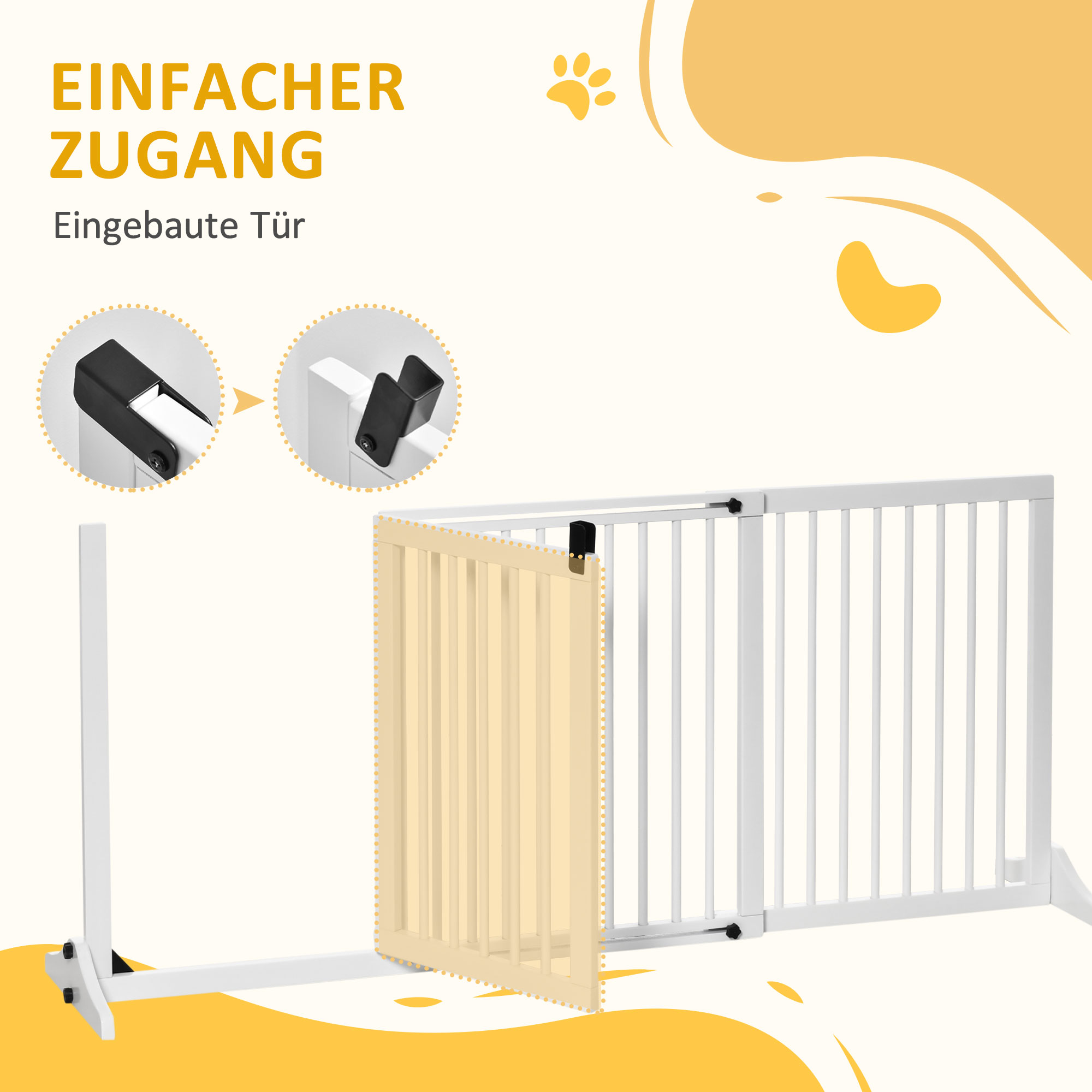 Absperrgitter Hunde Türschutzgitter Schutzgitter aus Holz Freistehendes Hundegitter mit Tür Hundeabsperrgitter Konfigurationsgitter für Kamin & Ofen Weiß 113-166 x 36 x 71 cm