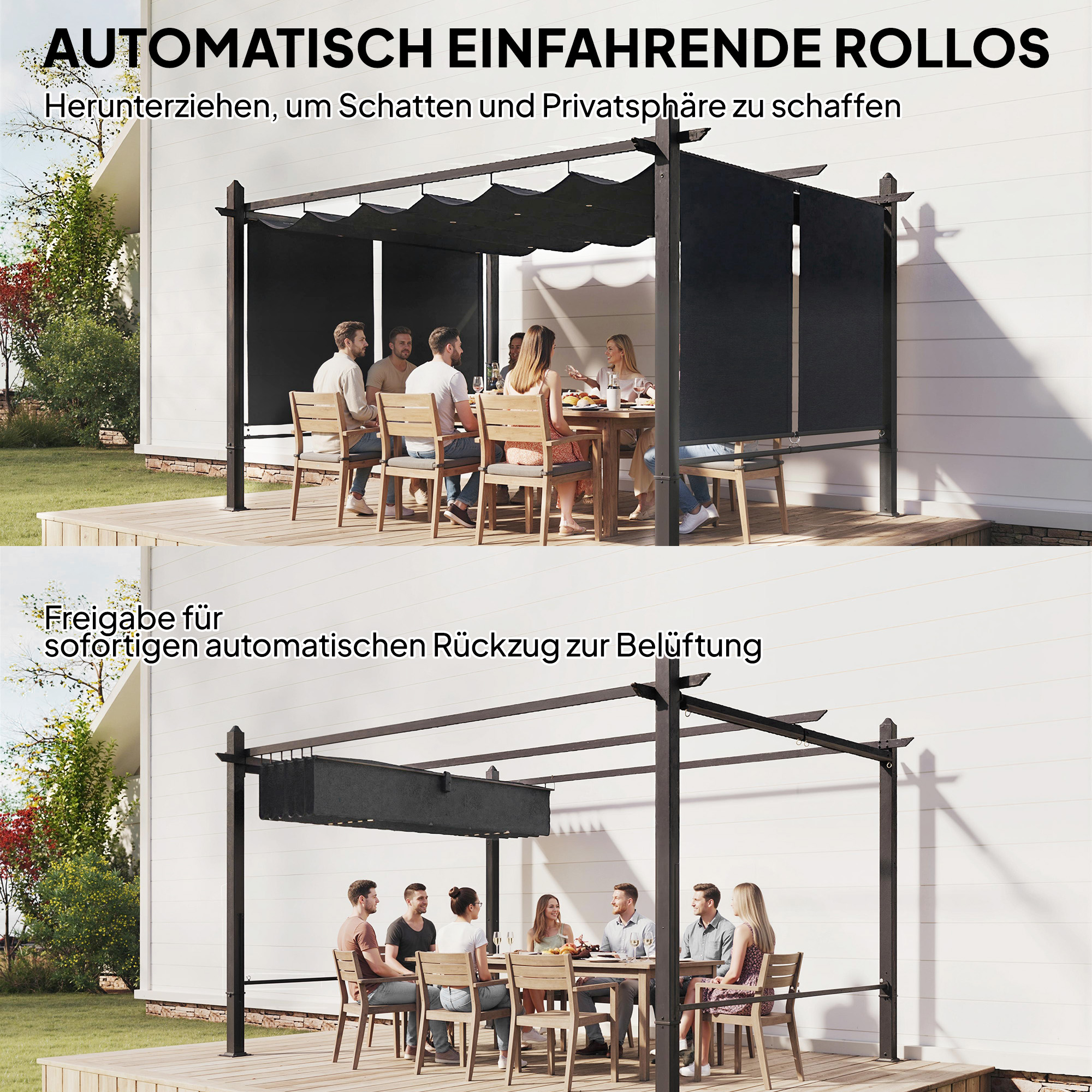 Pergola 3 x 4 m Terrassenüberdachung mit Schiebedach, automatisch einziehbaren Rollos, UV50+ Aluminiumrahmen