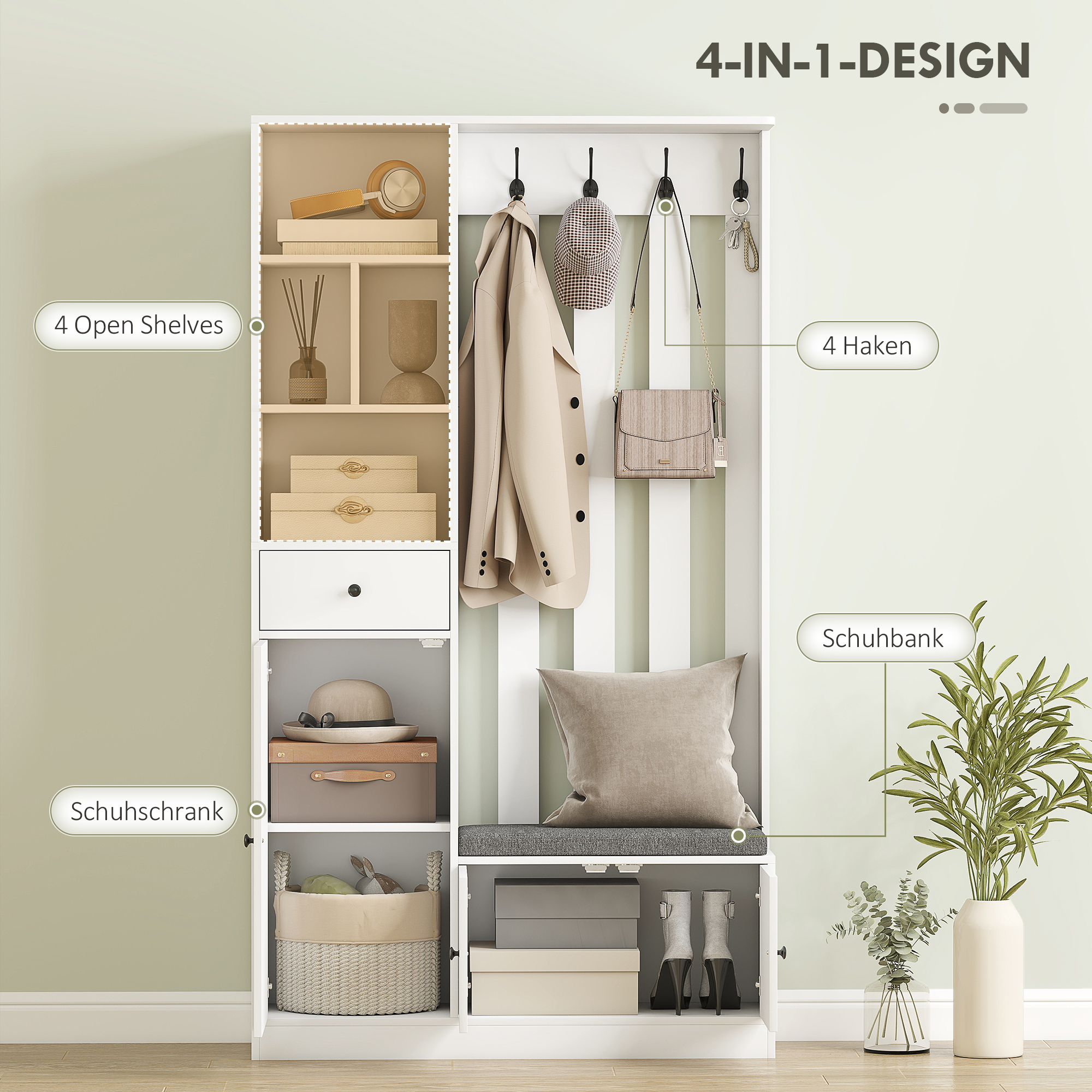 180 cm Garderobenschrank mit Kleiderständer, Schuhbank, 4 Haken, offene Ablageflächen, MDF, Weiß