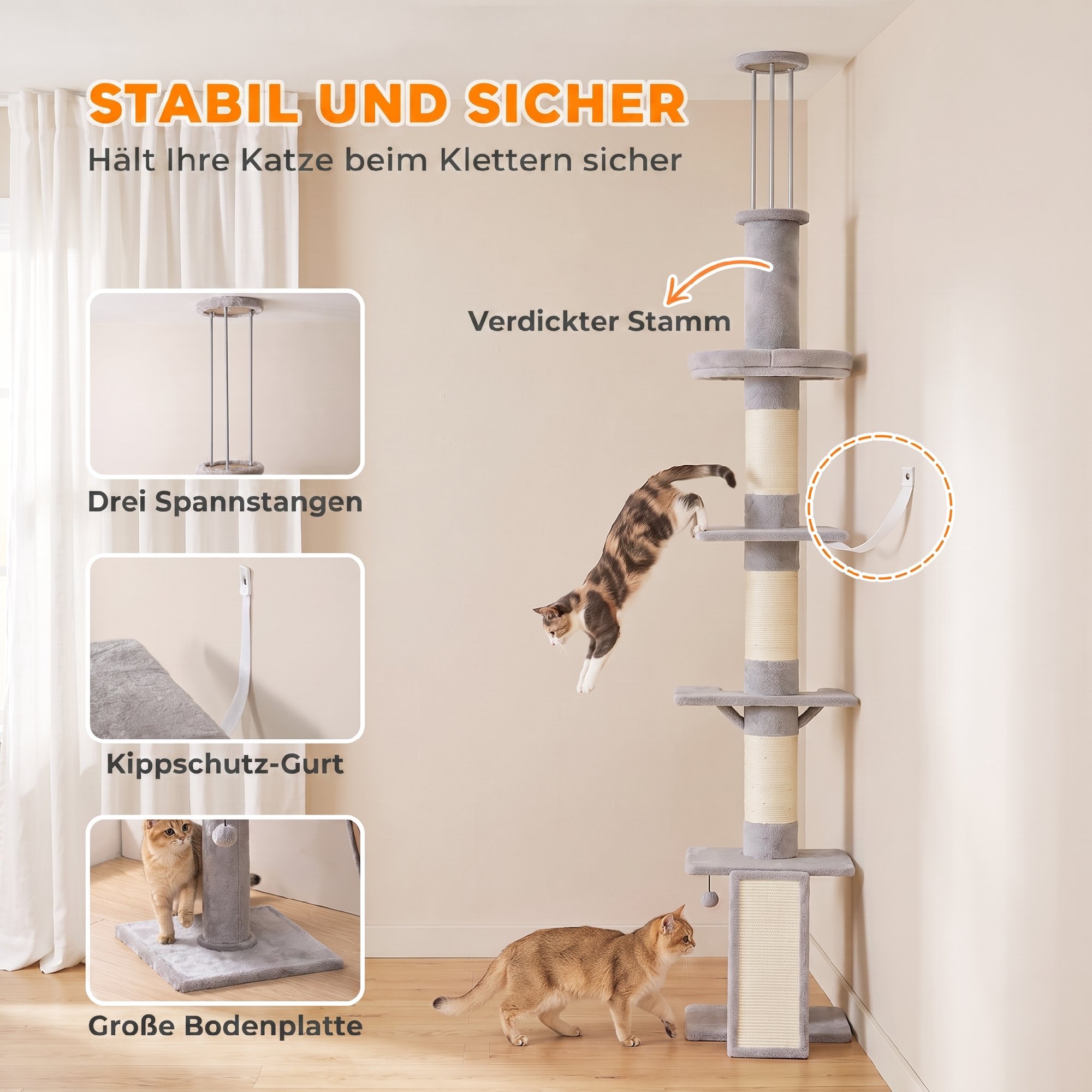 Kratzbaum Deckenhoch 230–260 cm höhenverstellbar Katzenbaum mit 5 Etagen 3 dicke Sisal-Kratzstämmen, Sisal-Kratzbrett