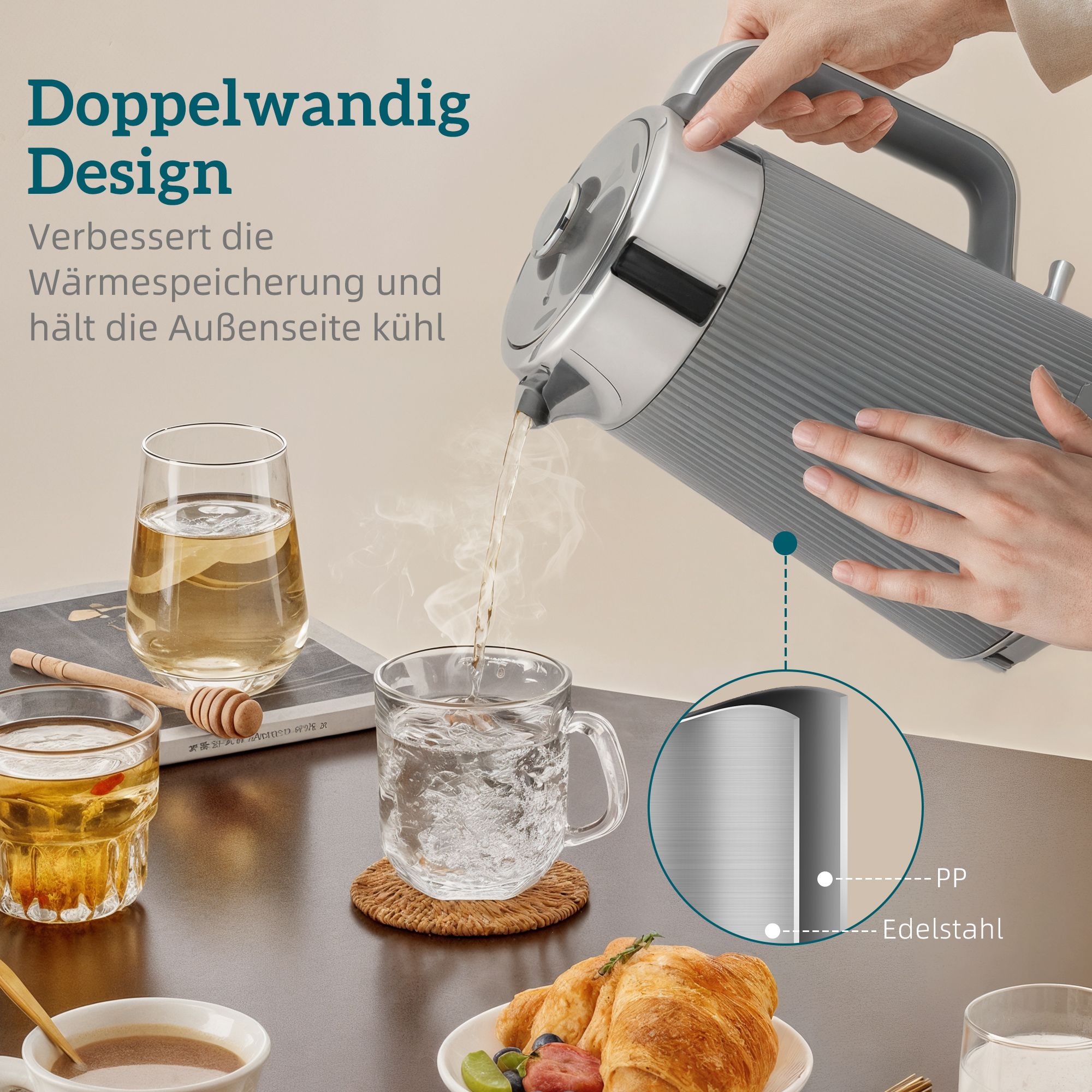 2200W, 1,7L Wasserkocher mit Schnellkochfunktion, Entkalkungsfilter und 4-Scheiben-Toaster mit 7 Bräunungsstufen, Grau