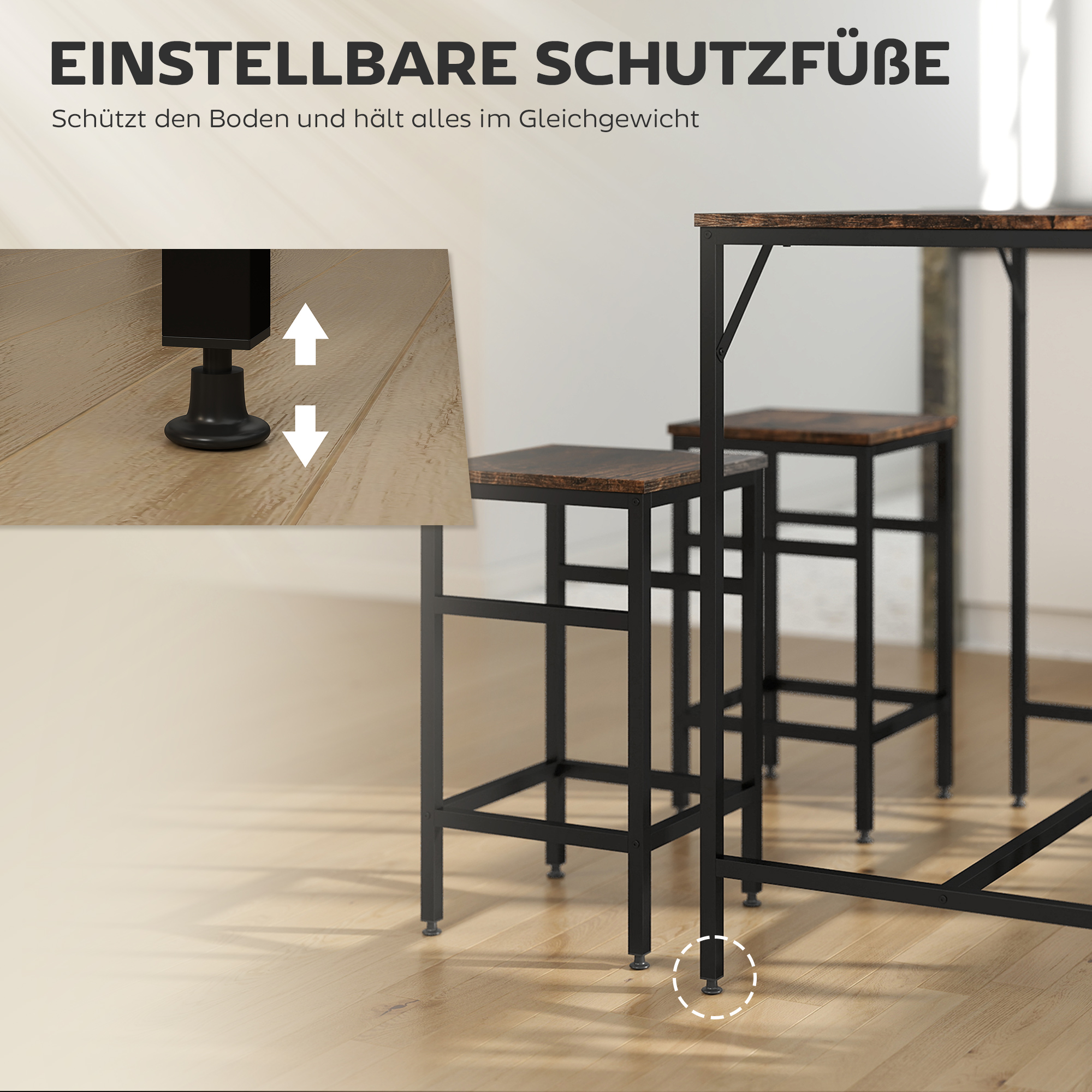 5-teiliges Bartisch Set Bartisch mit Barhocker-Set Esstisch mit 4 Stühlen Küchentisch für Esszimmer, Küche, Rustikal-Braun+Schwarz