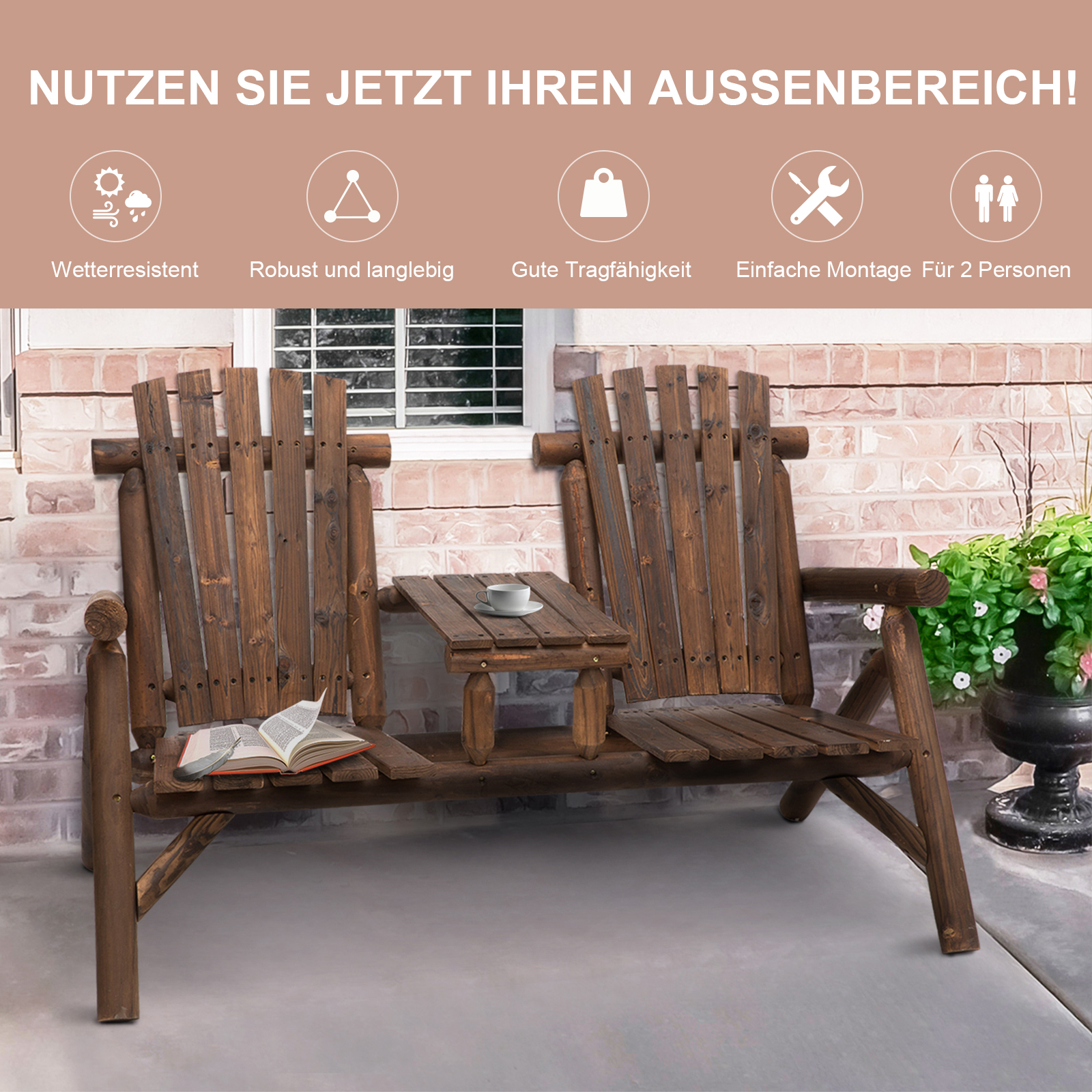 Gartenbank mit Tisch, Gartenmöbel, Sitzbank, 2 Stühle, Massivholz, Braun, 157 x 88 x 103 cm