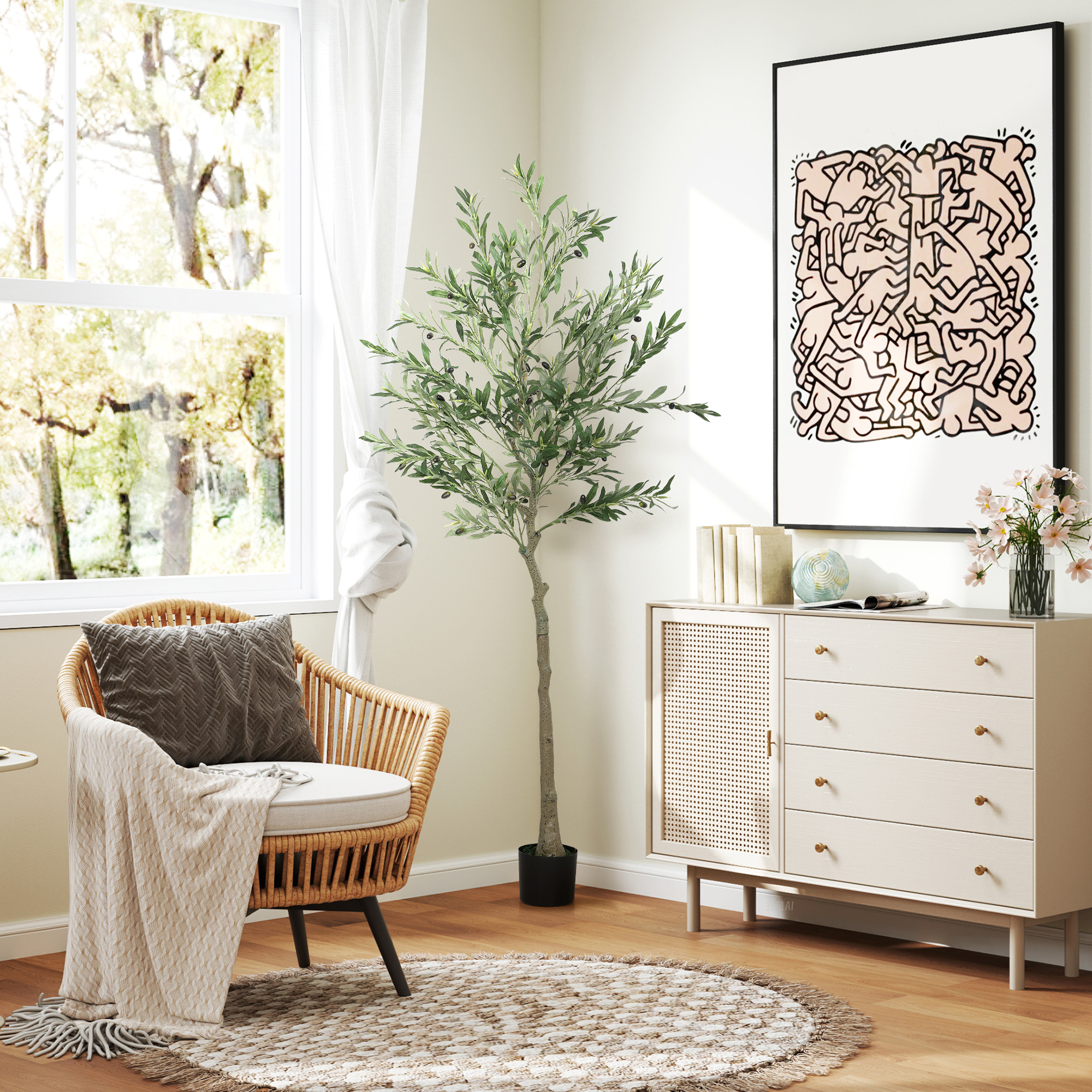Kunstpflanze, künstlicher Olivenbaum, 180 cm, 900 Blätter, 40 Oliven, stabiler Blumentopf, Dekorationspflanze, Grün