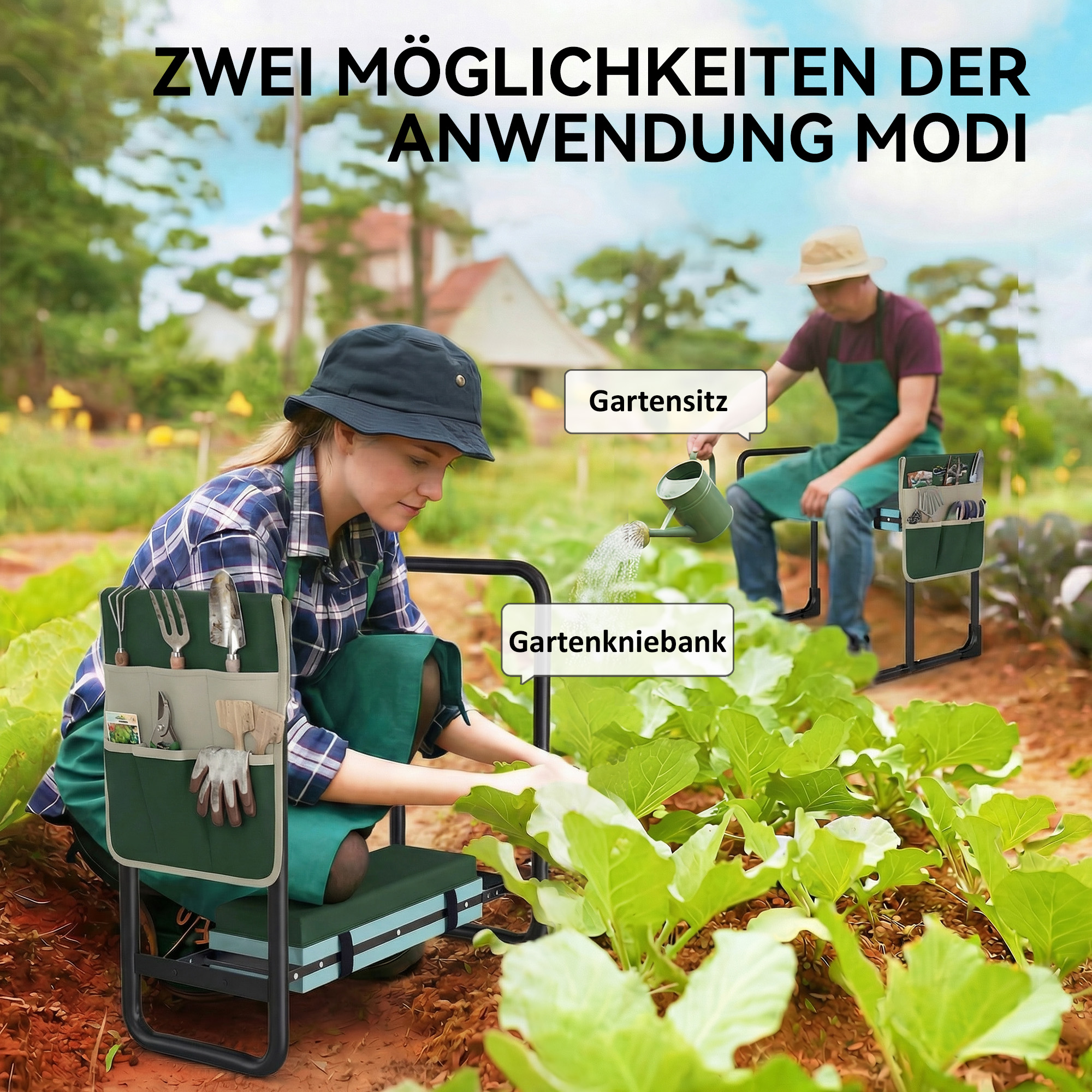Gartenkniepolster und Sitz, 150 kg Tragkraft, Gartenhocker mit dick gepolstertem Kniebereich, ausziehbaren Stahlbeinen