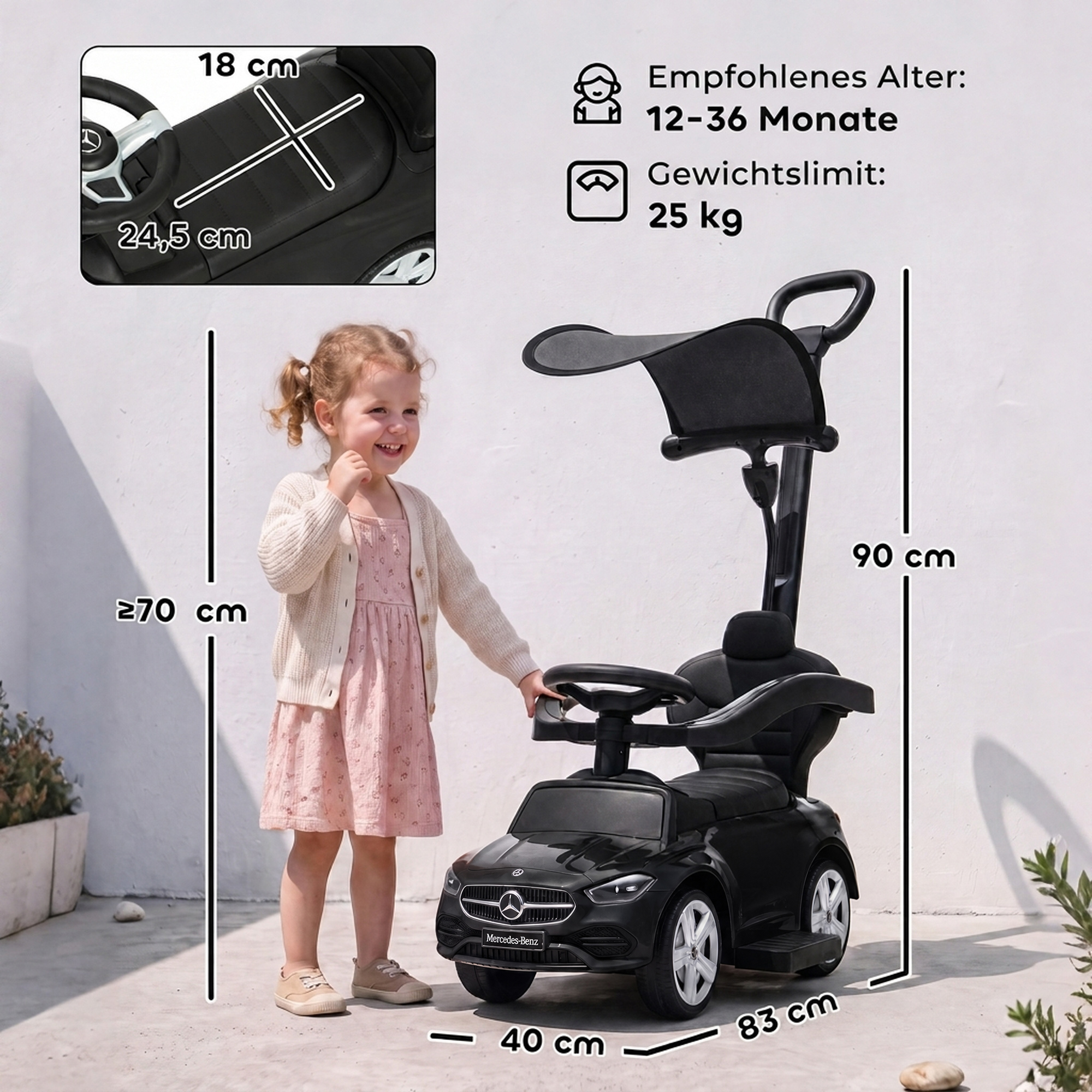 3-in-1 Rutschauto mit Schiebstange Mercedes-Benz Rutschfahrzeug mit Lenkrad Hupe Musik Dach Sitzstauraum Schwarz