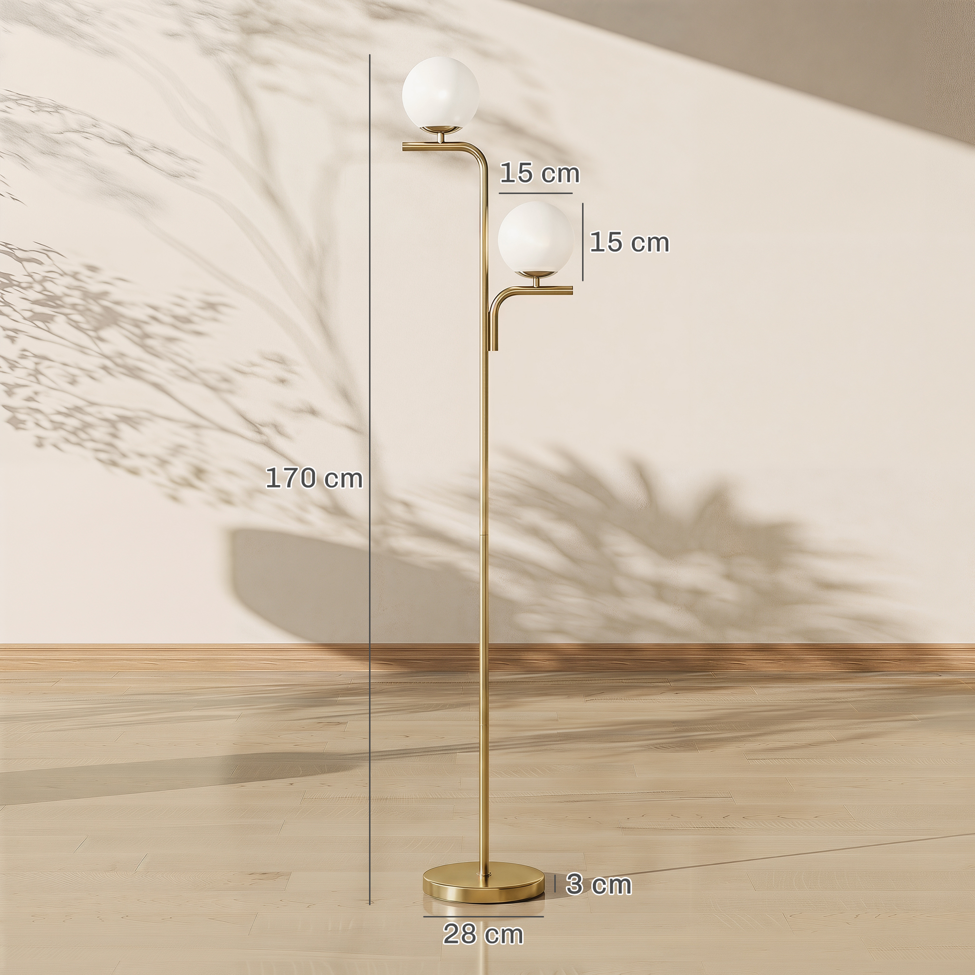 LED-Stehlampe, moderne Lampe mit 3 Farbtemperaturen, Glaskugelschirme und Fußschalter, Gold