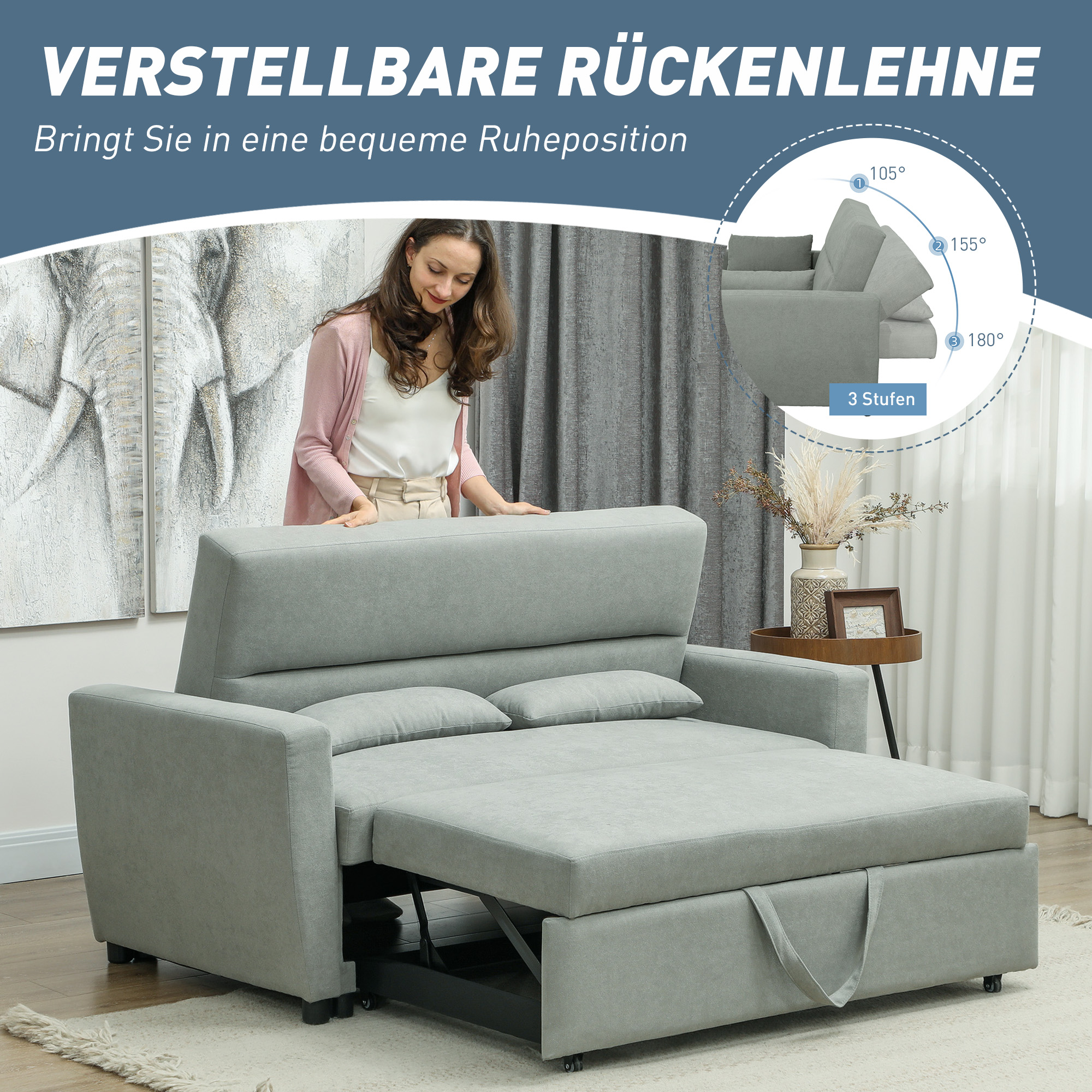 2-Sitzer Sofa mit Bettfunktion, Verstellbarer Rückenlehne, Polstersofa, Samtoptik, für Wohnzimmer, Schlafzimmer, Hellgrau