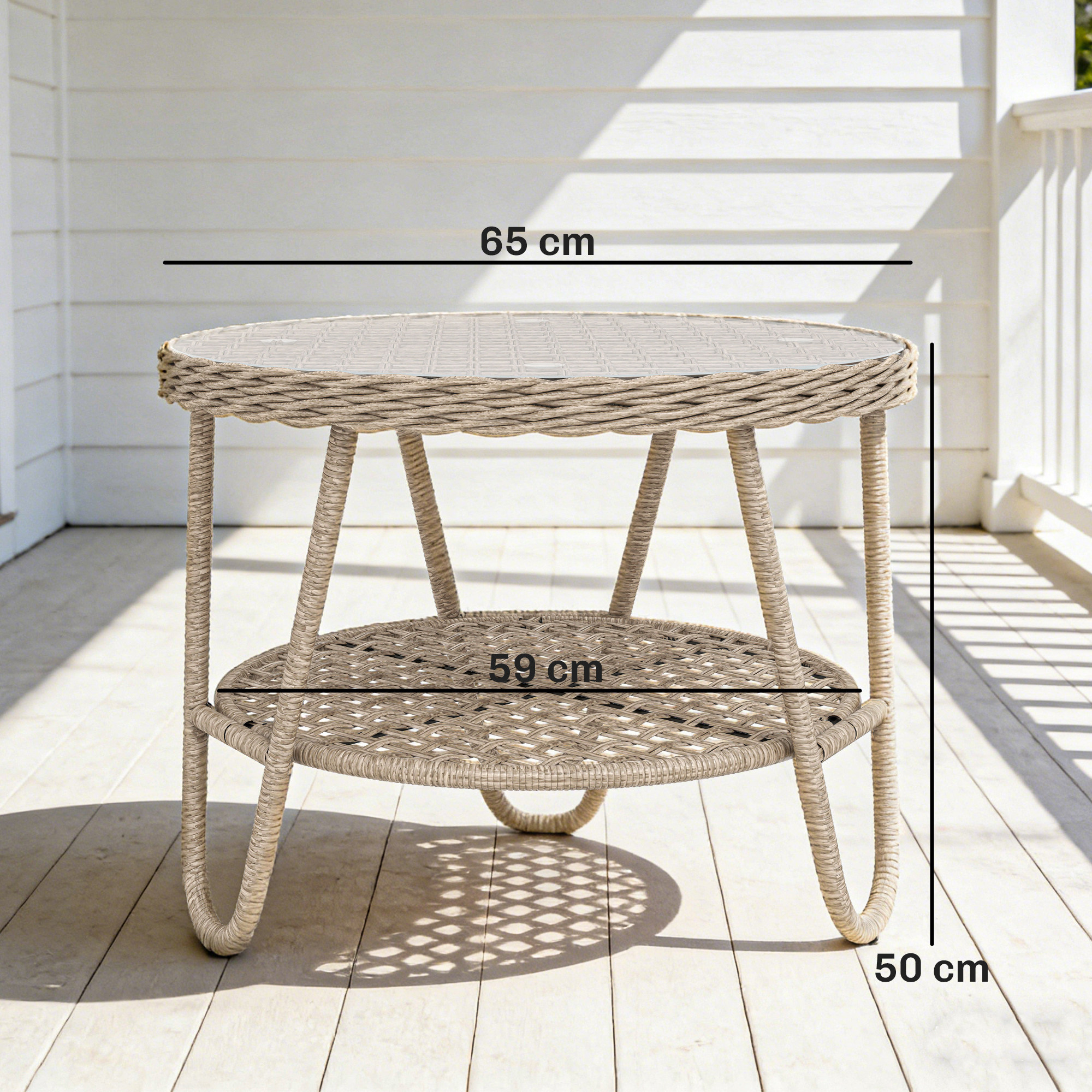 Beistelltisch aus Polyrattan 2-stöckiger Kaffeetisch mit Ablage Glasplatte verstellbaren Füßen 65 x 65 x 50 cm Gelb