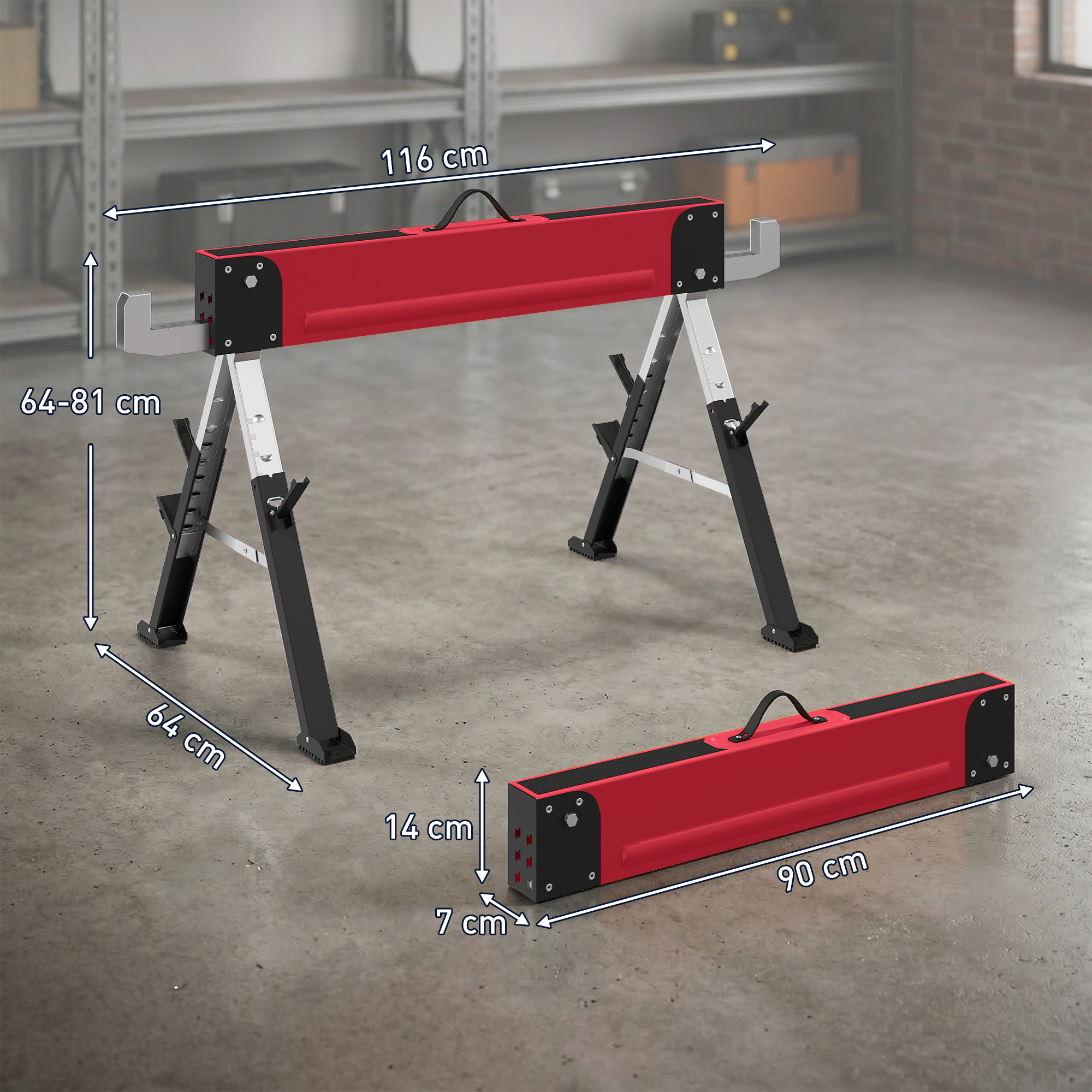 2er Set Arbeitsbock bis 1160 kg klappbar Sägebock 7-fach höhenverstellbar 64-81 cm Gerüstbock aus Metall mit Griff Rot