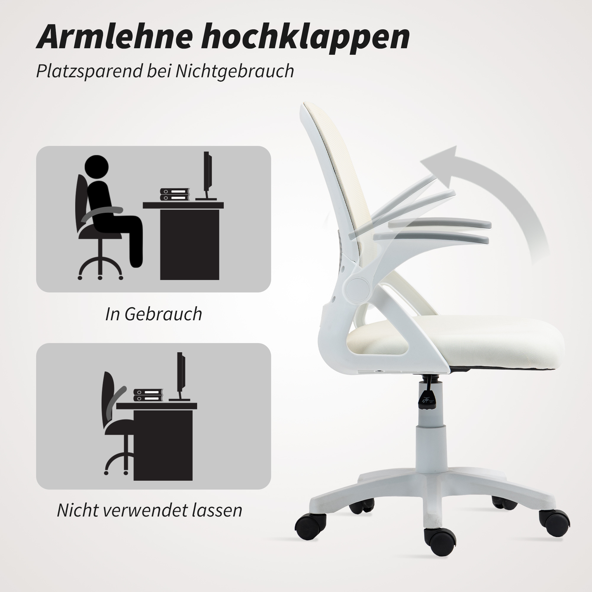 atmungsaktiver Mesh-Bürostuhl, Ergonomischer Drehstuhl mit klappbaren Armlehnen und Lendenwirbelstütze, Weiß