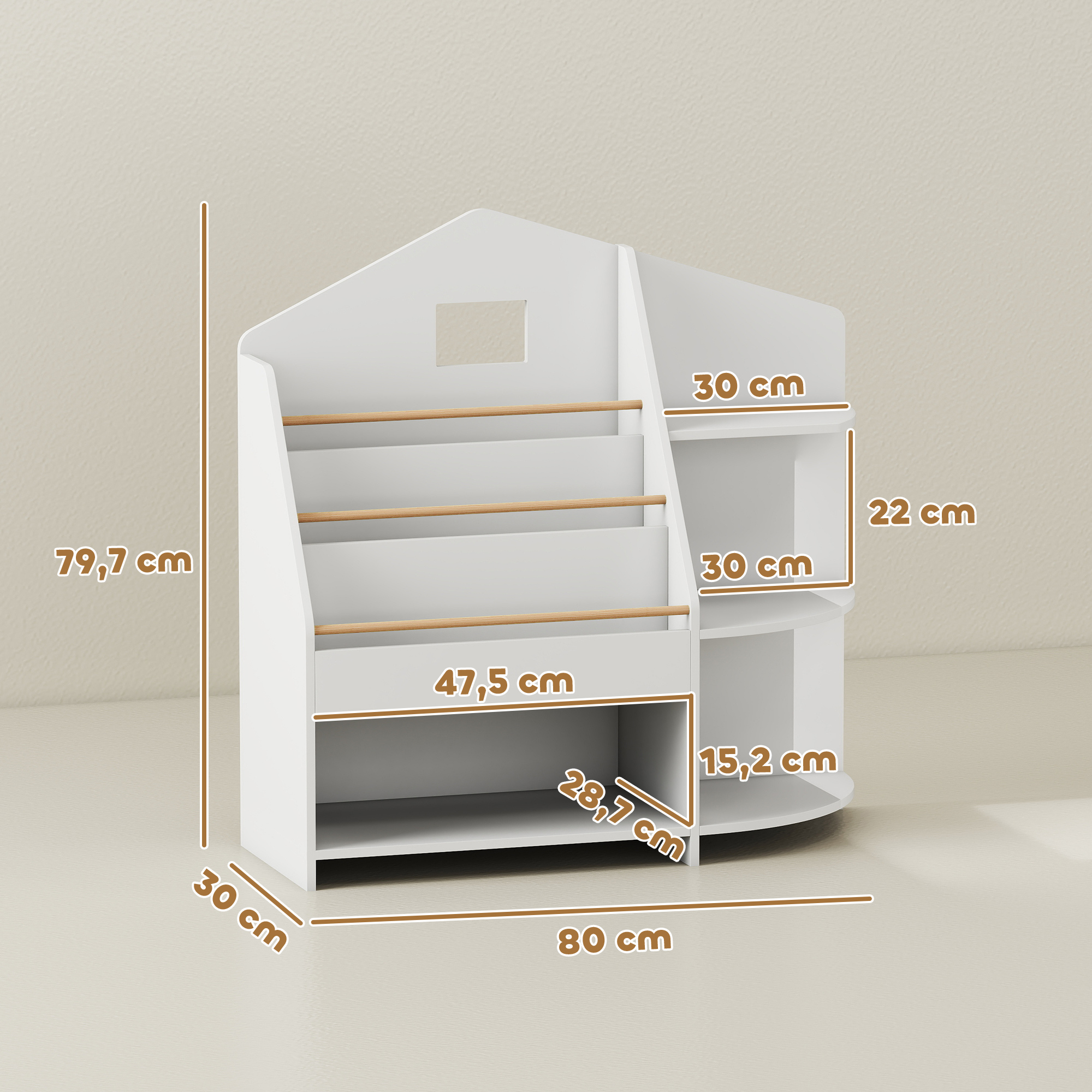 Kinderregal mit 7 Regalen für Bücher, Spielzeug, runde Kanten, trägt 40 kg, Weiß