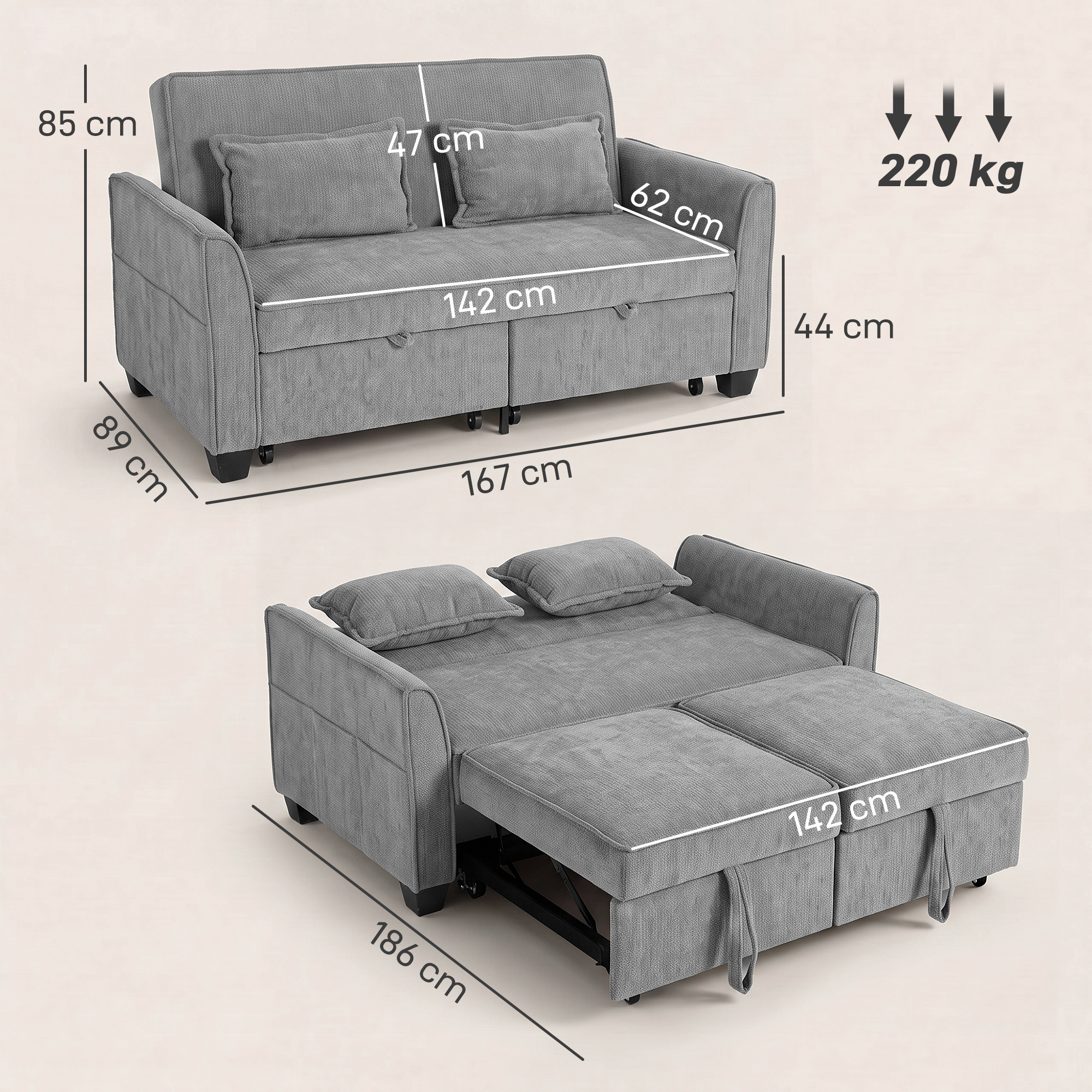 2-Sitzer-Schlafsofa, 4-in-1 L-förmiges Ausziehsofa mit verstellbarer Rückenlehne und Seitentaschen, Grau
