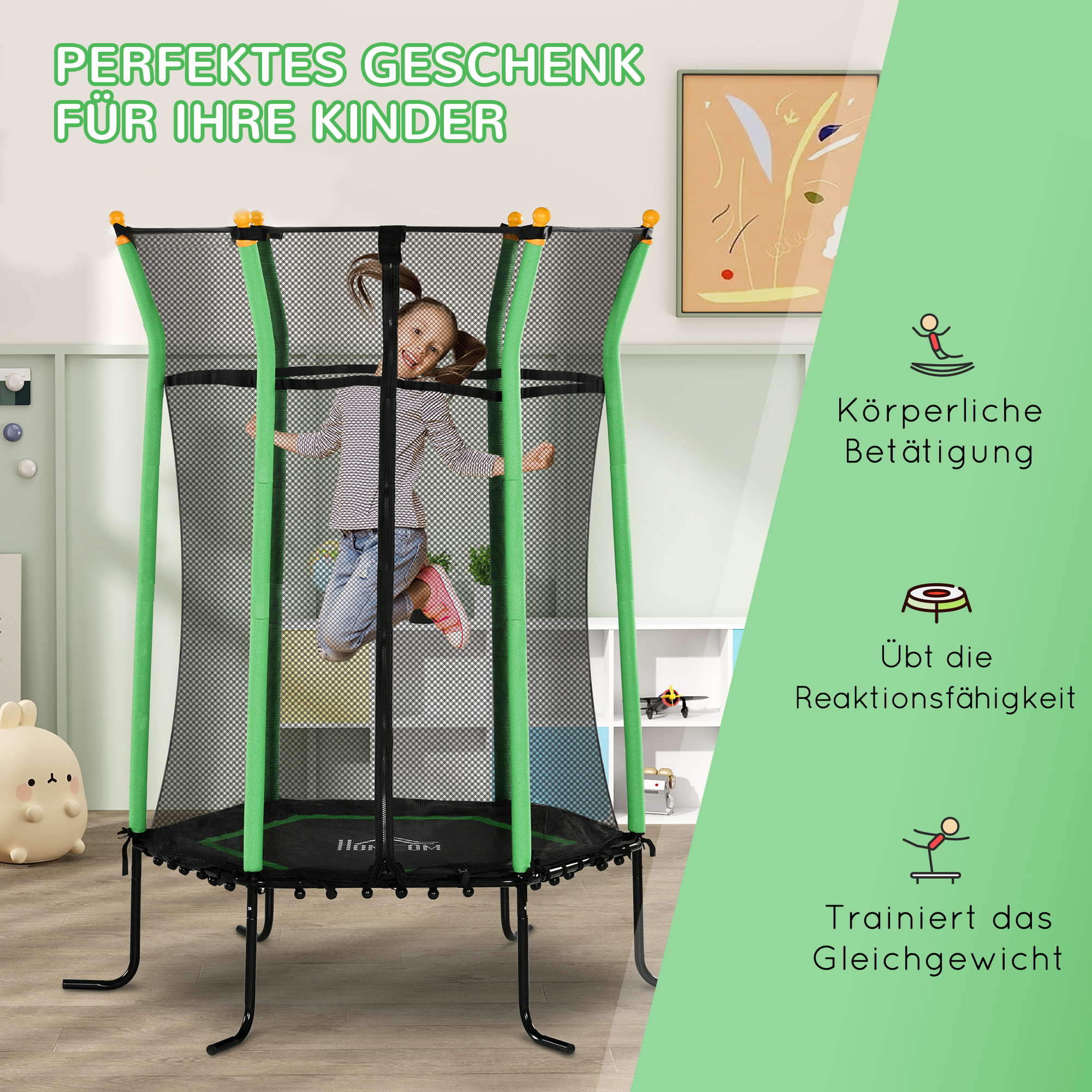 Trampolin für Kinder, Ø163,5 cm, mit Sicherheitsnetz, gepolstert, Stahl, belastbar bis 50 kg