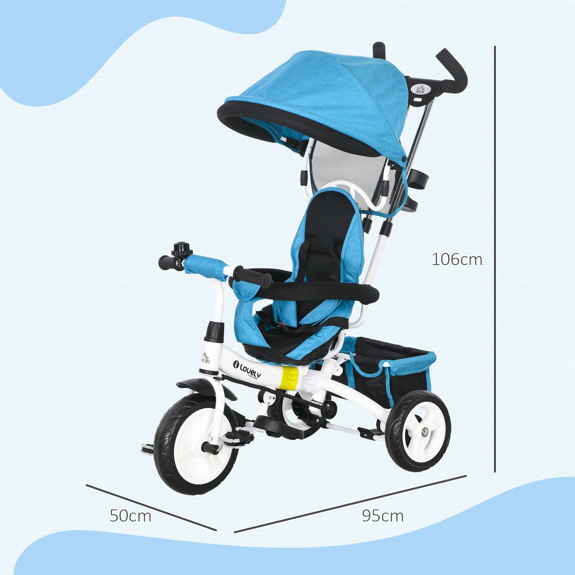 6-in-1 Kinderdreirad mit Schiebestange, Dach, Gurt, Ablagekorb, für 1-5 Jahre, Blau