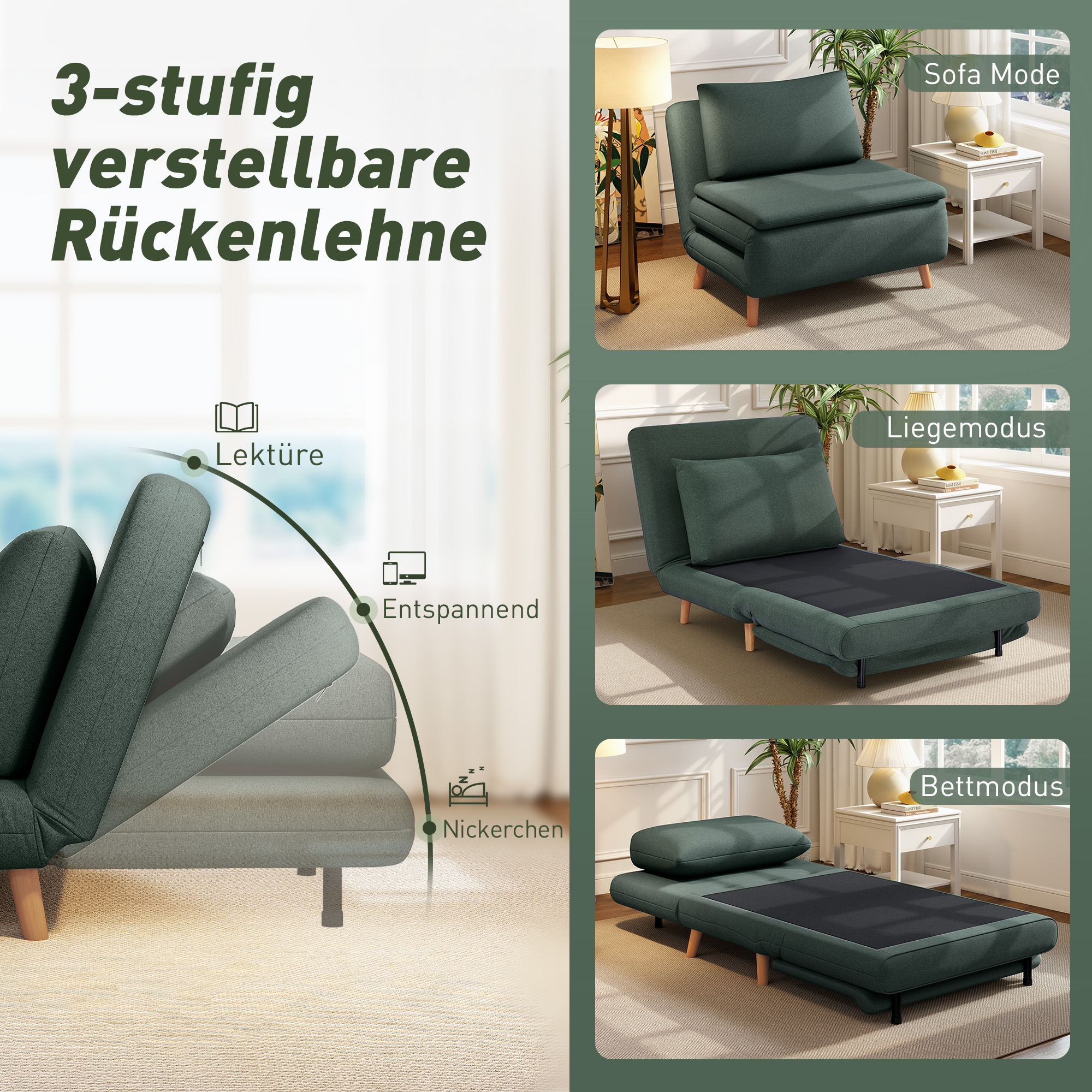 3-in-1 Schlafsessel mit Bett-Funktion, Liegesessel, verstellbare Rückenlehne, Buchenholzbeine, Kissen, Dunkelgrün