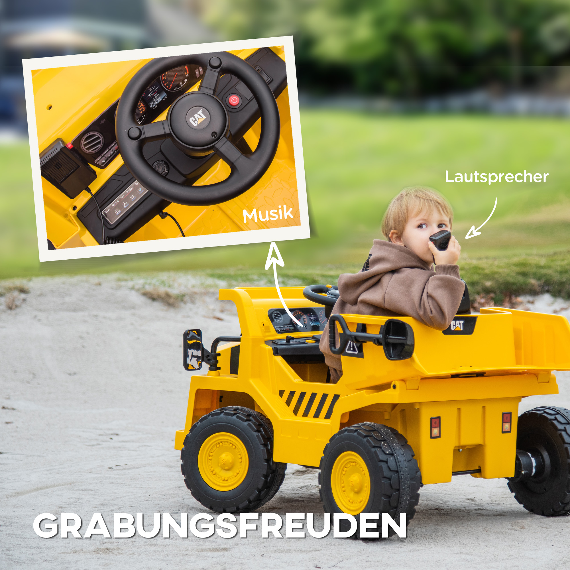 Elektro-Kinderbagger, Caterpillar Kipplaster, 3-5 km/h, mit Fernsteuerung, 3-6 Jahre, Gelb