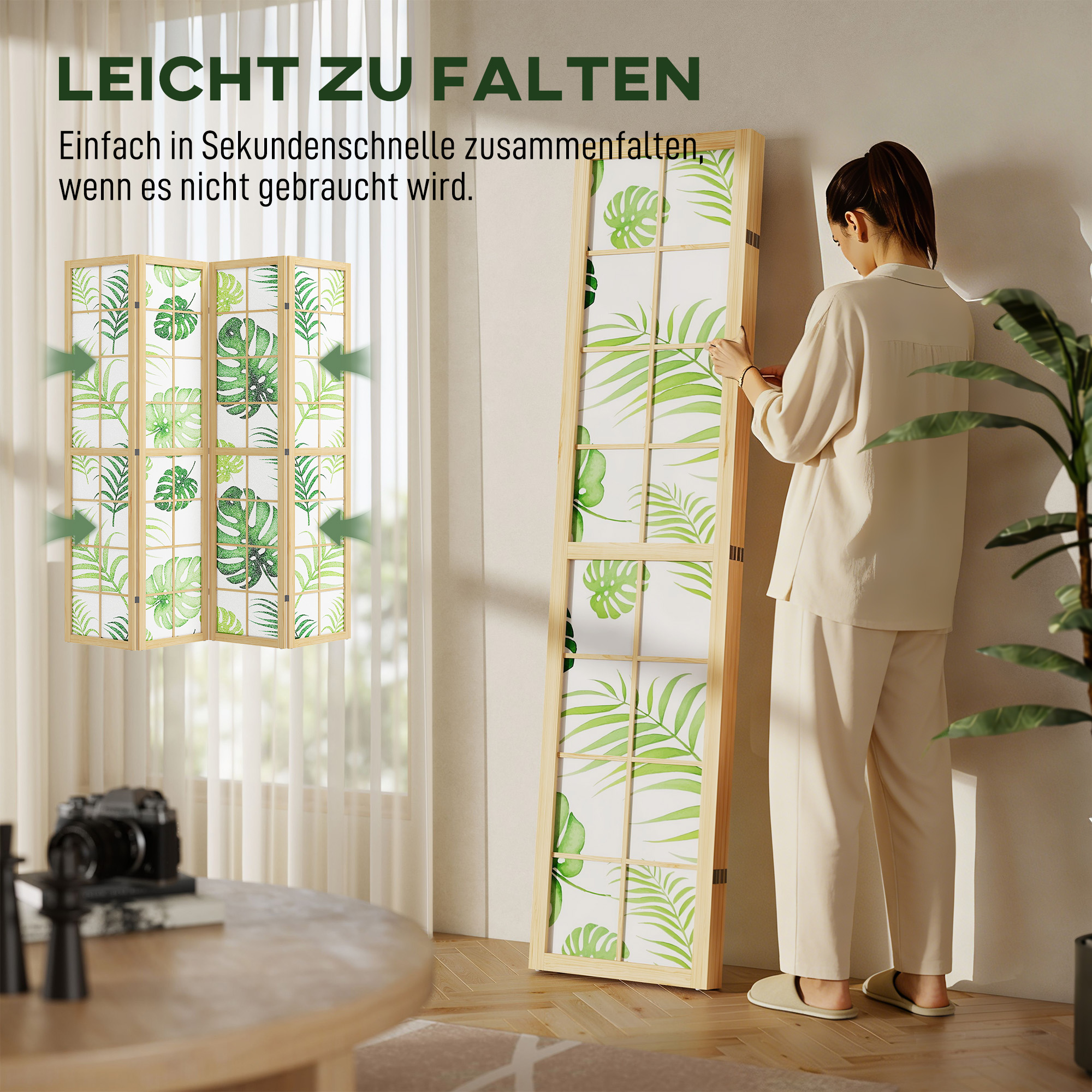 4-teiliger Raumtrenner, faltbar, Boho-Design, tropisches Motiv, freistehender Raumteiler, Holzrahmen, Grün