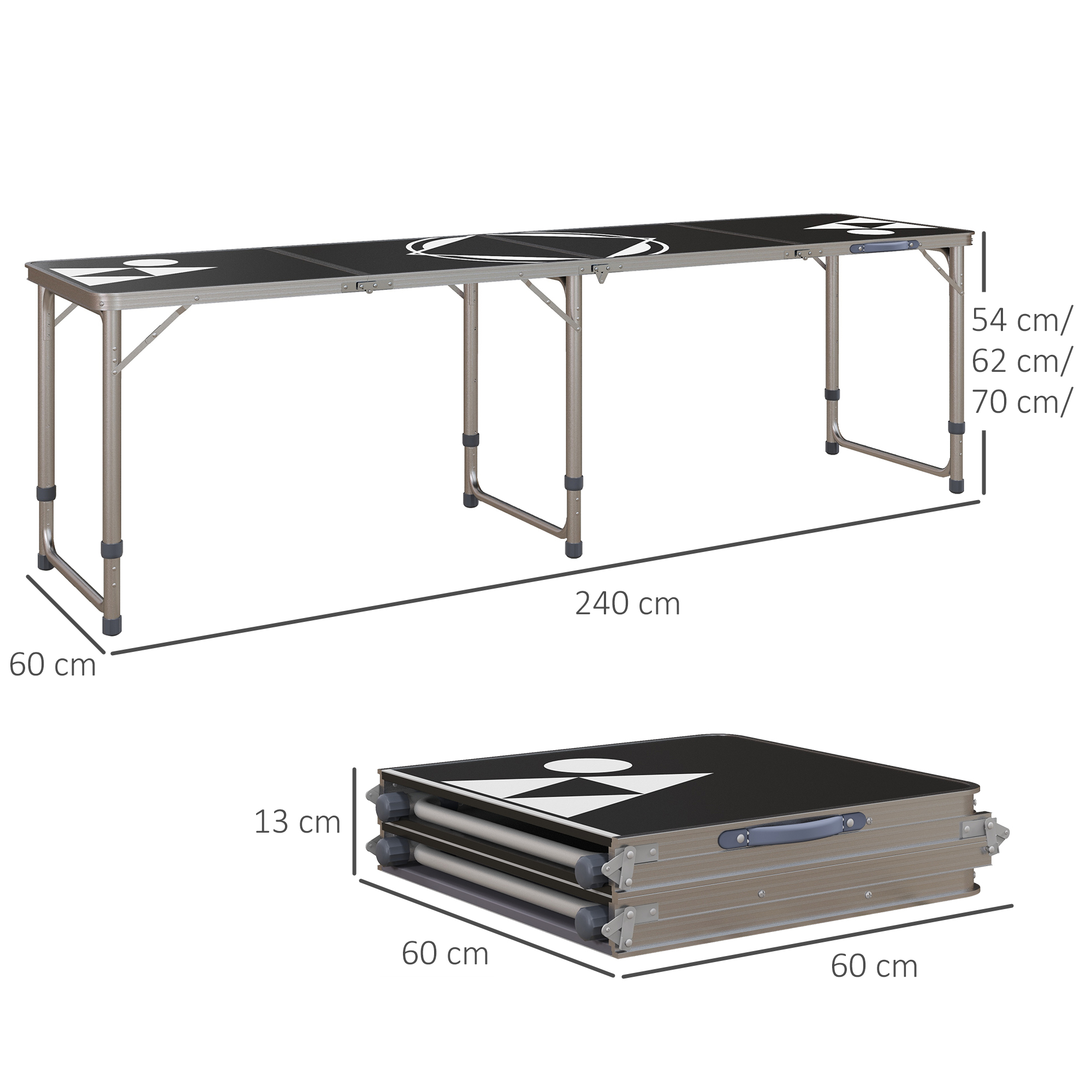 Campingtisch, klappbar, leicht, höhenverstellbar, Aluminiumrahmen, 240 x 60 x 54/62/70 cm, Schwarz