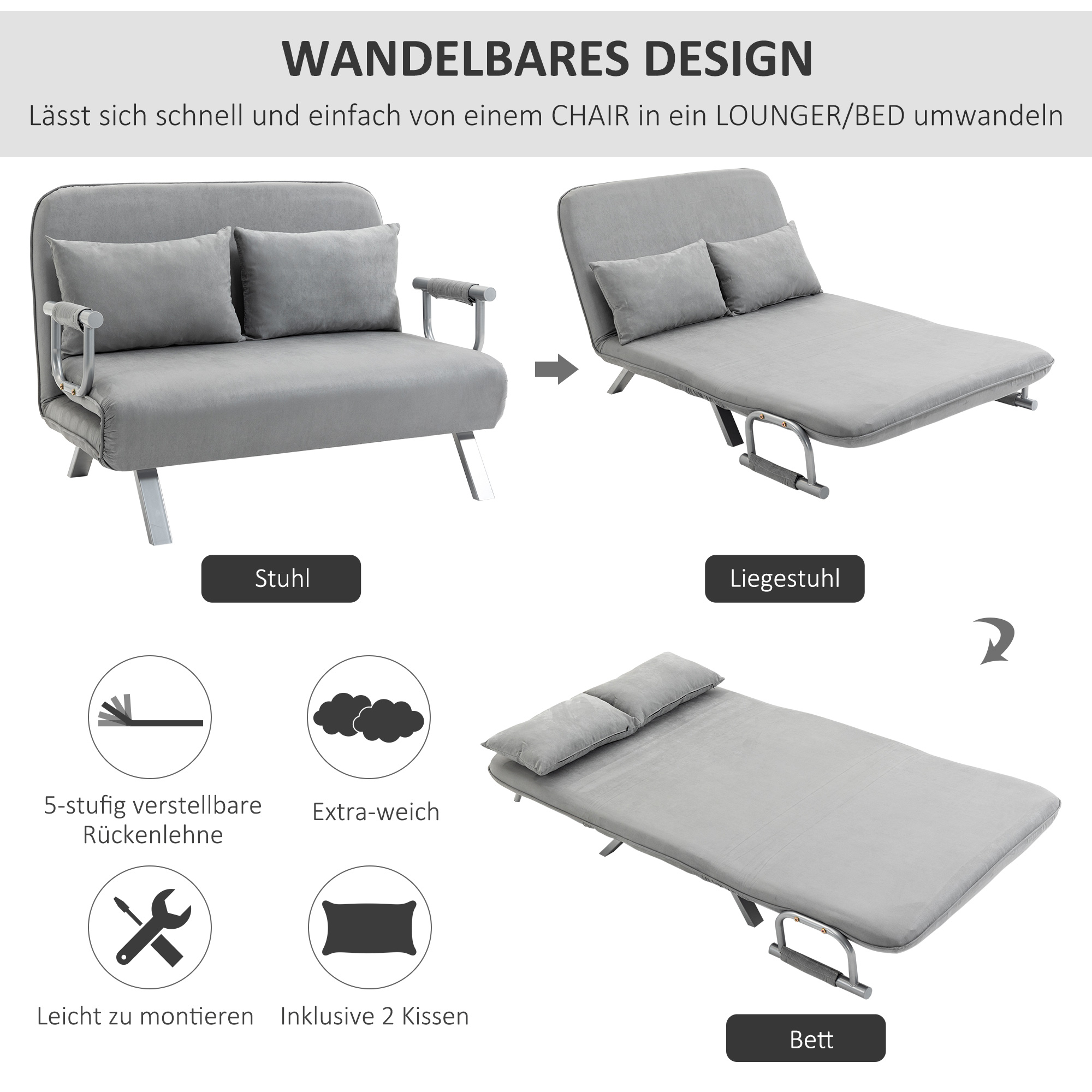 Schlafsofa, Doppelsofa, Gästebett, inklusive 2 Kissen, Grau