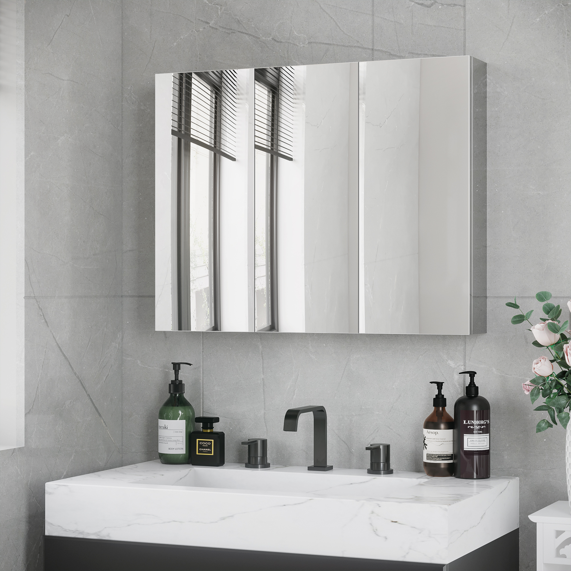 Spiegelschrank, Badschrank, 3 Spiegeltüren, 5 Innenböden, Edelstahl, Farbe: Silber, 70 x 12 x 55 cm