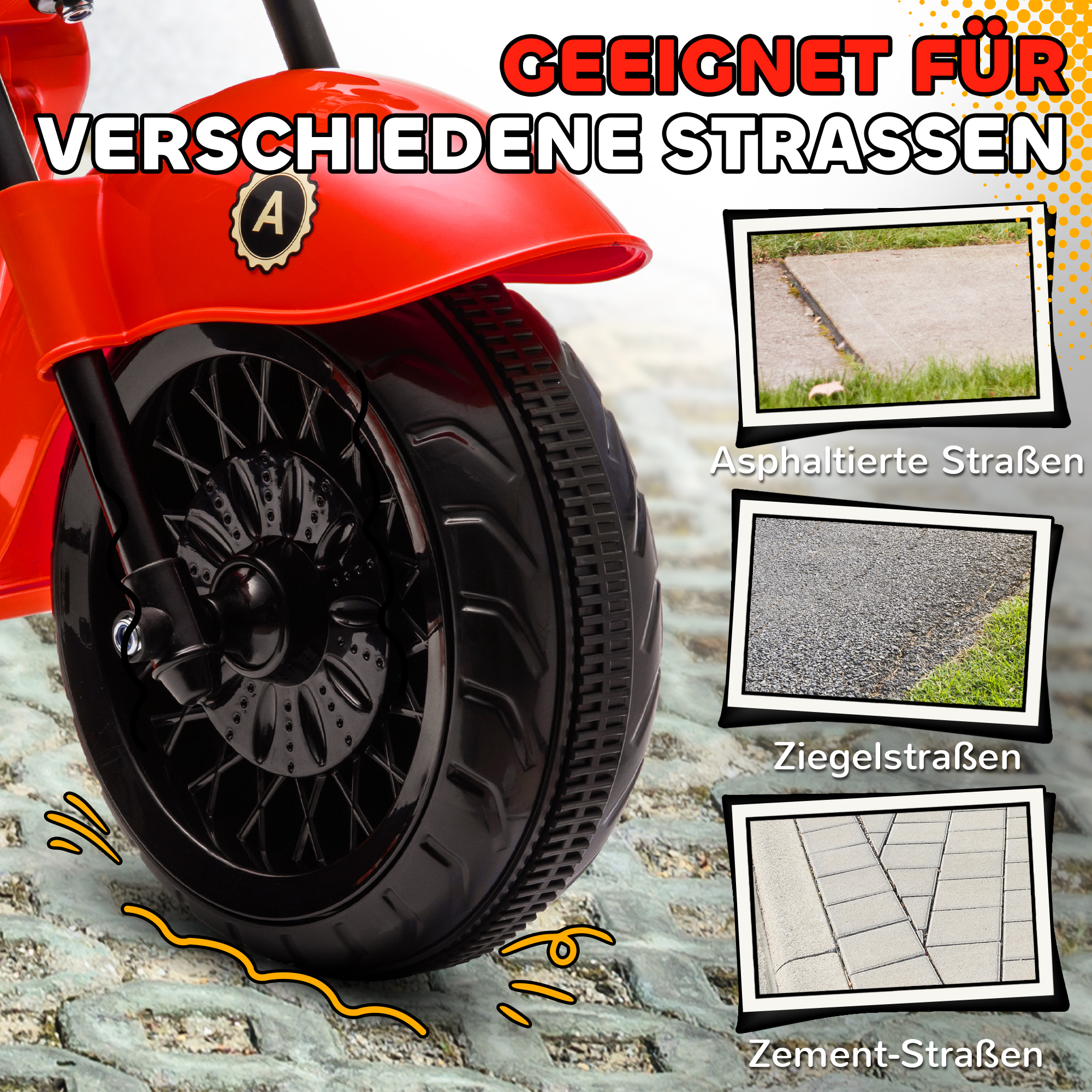 Elektro-Kinder-Motorrad, 3 Räder, 6V Batterie-Betrieb, Scheinwerfer, Musik, für Kinder im Alter von 3-6 Jahren, Rot