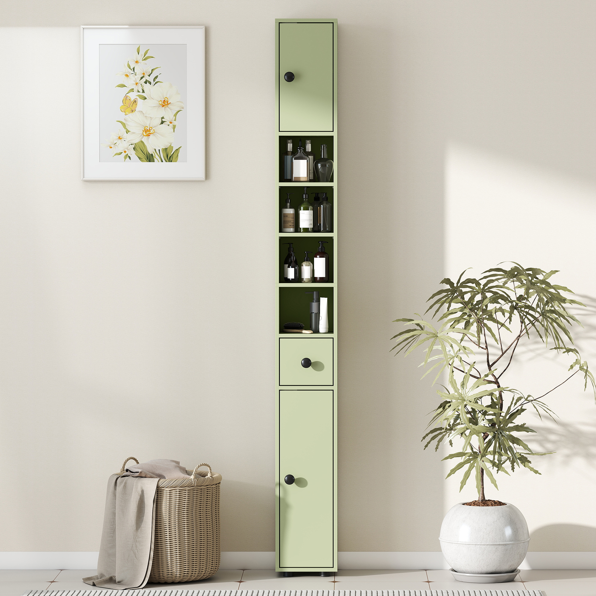 Badezimmerschrank schmal mit Schublade und 4 offenen Fächern für kleine Räume 20 x 20 x 180 cm Grün