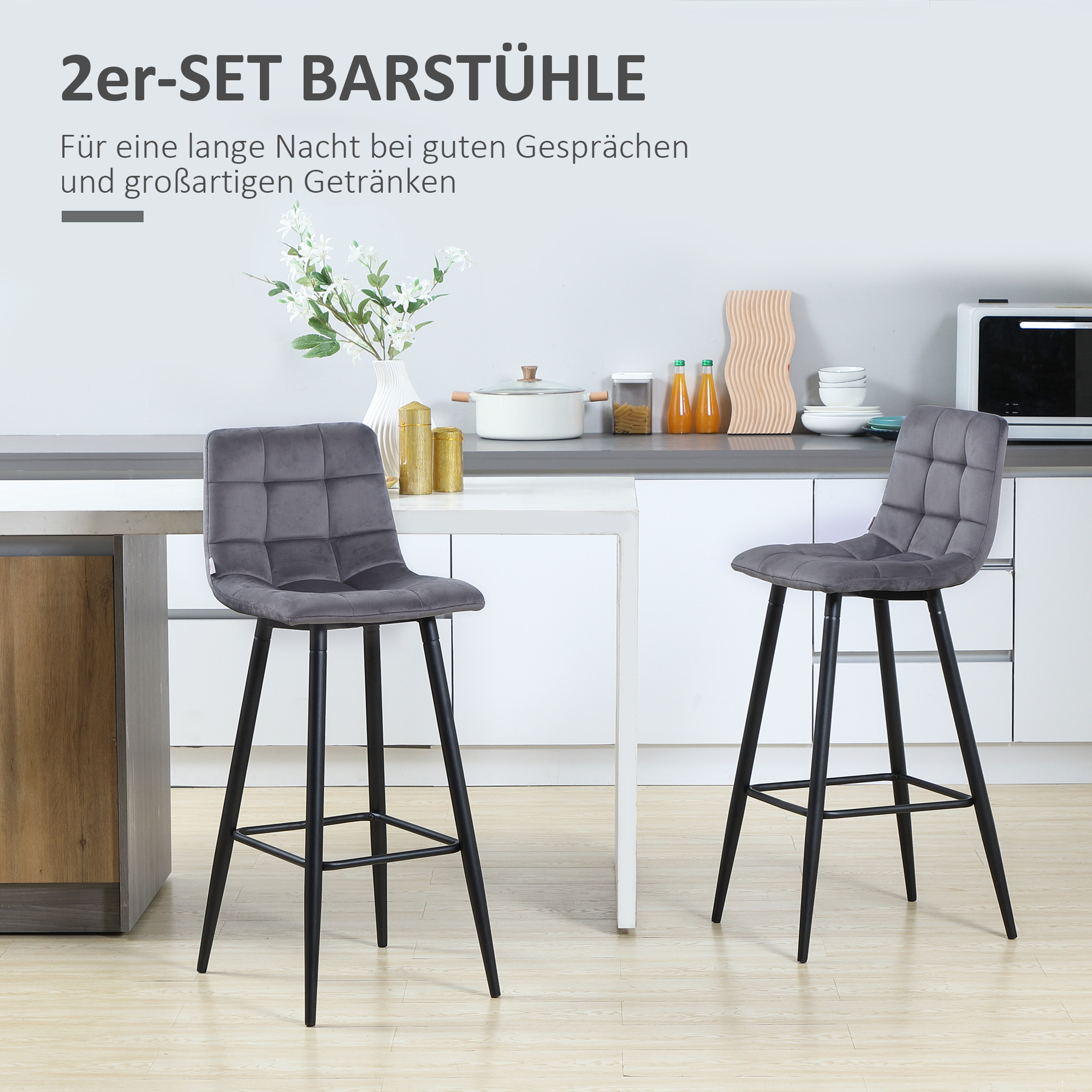 2er-Set Barhocker mit Fußstütze im Retrodesign 42 cm x 55 cm x 103 cm Grau