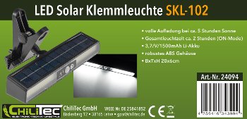 LED Solar Klemmleuchte "SKL 102" / PIR Bewegungsmelder, 102 LEDs, IP44