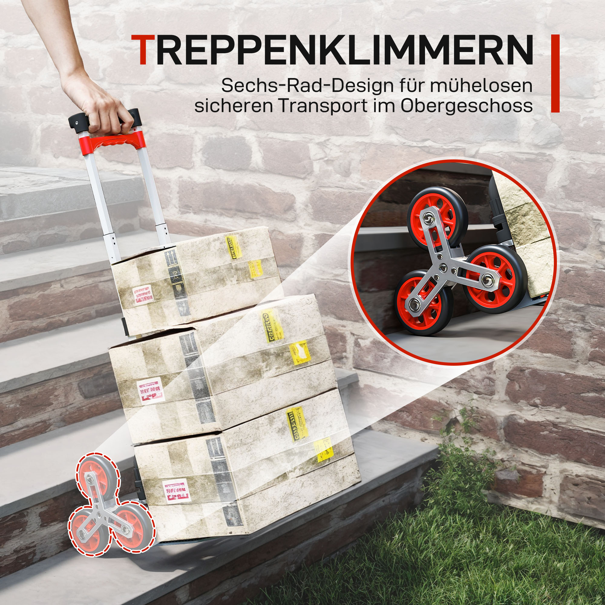 Faltbarer Treppensteiger-Trolley, 6-Rad-System, trägt 70 kg, Aluminium, Rot