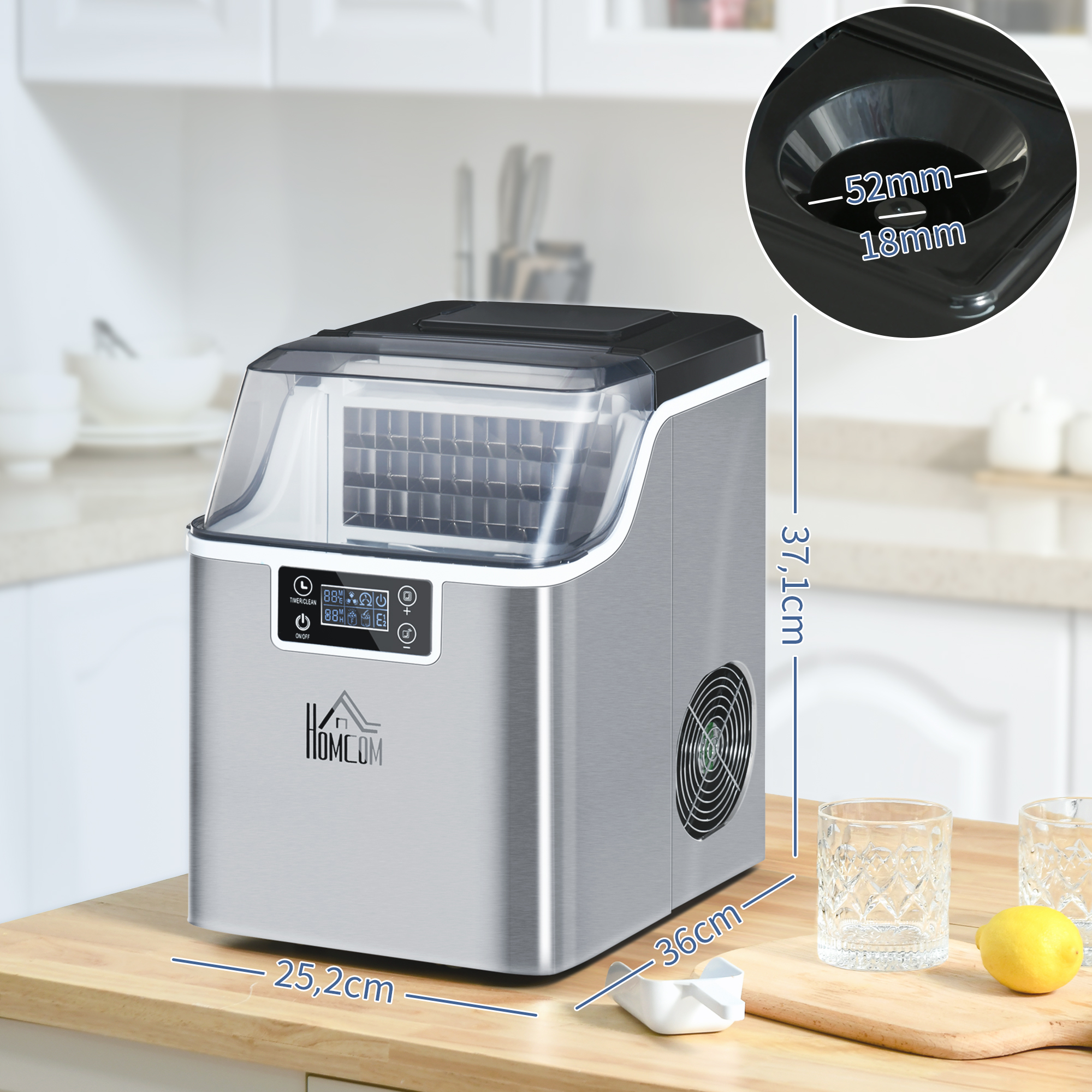 Eiswürfelmaschine Eiswürfelspender Ice-Maker 20kg/24h 2,3L Eiswürfelbereiter mit 3,2 L Wassertank, Silber
