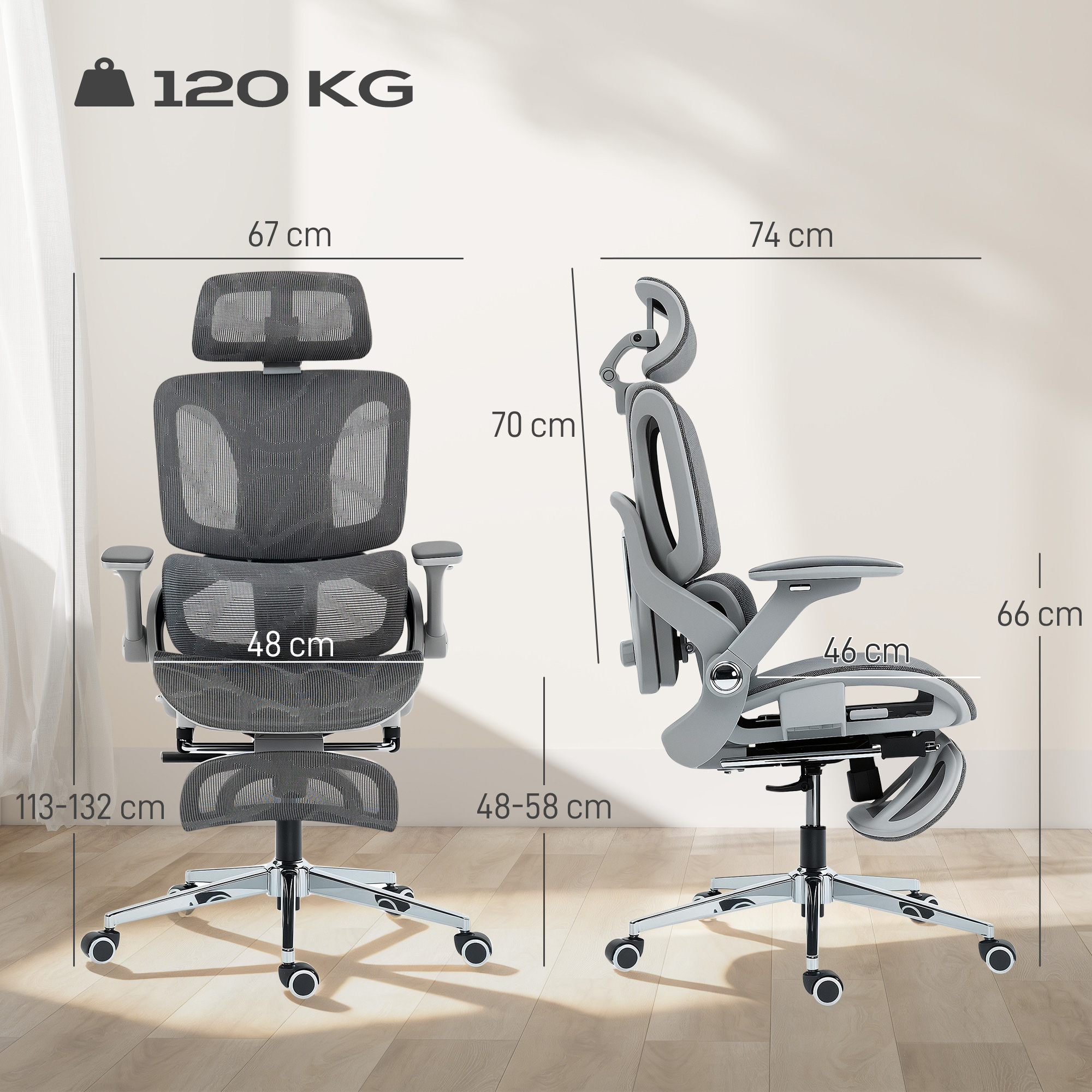 Ergonomischer Bürostuhl, Mesh-Computersessel mit separatem Rücken, Lendenstütze, 4D klappbare Armlehnen, Grau