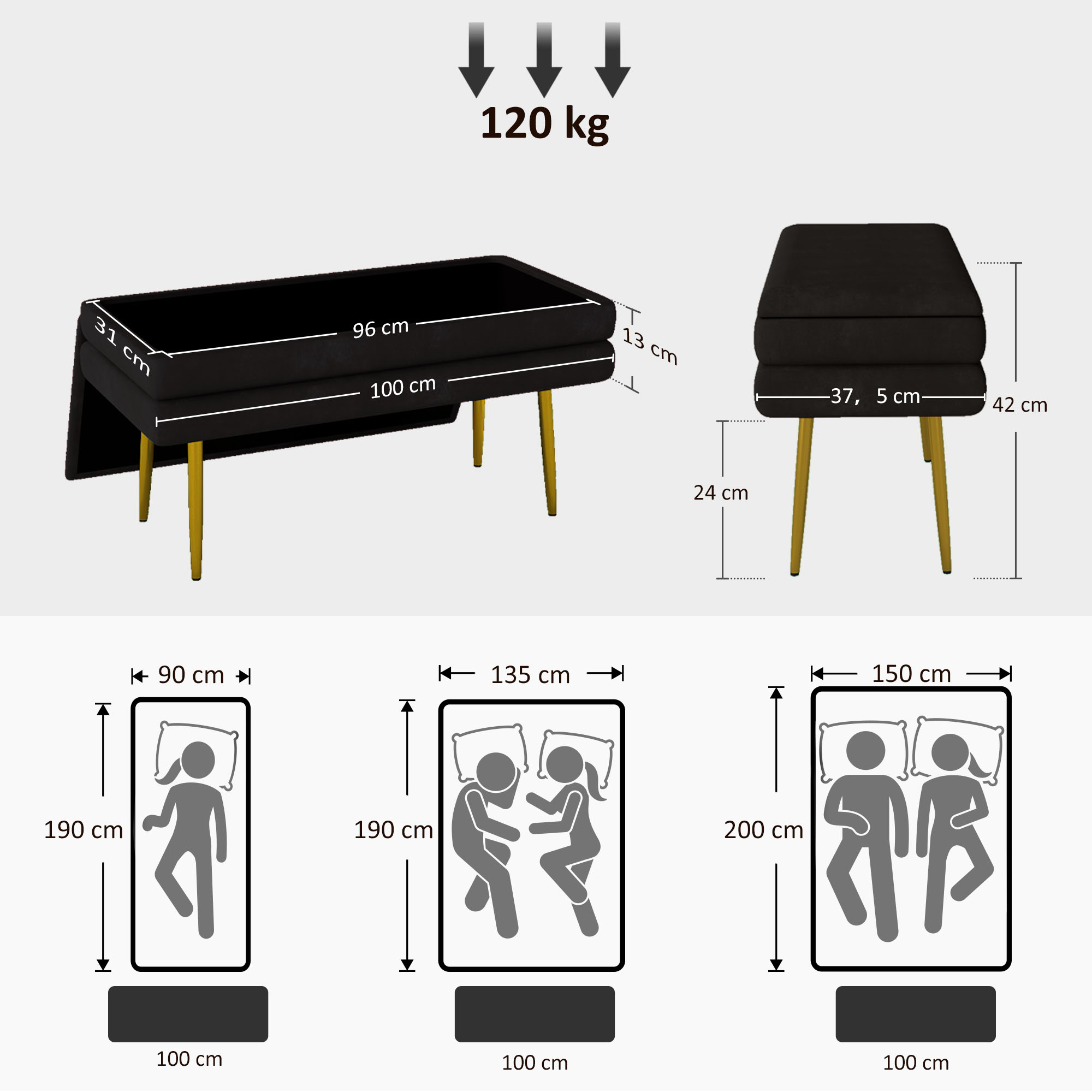 Sitzbank Polsterbank, mit Stauraum, Stahl, 100 cm x 37,5 cm x 42 cm, Schwarz