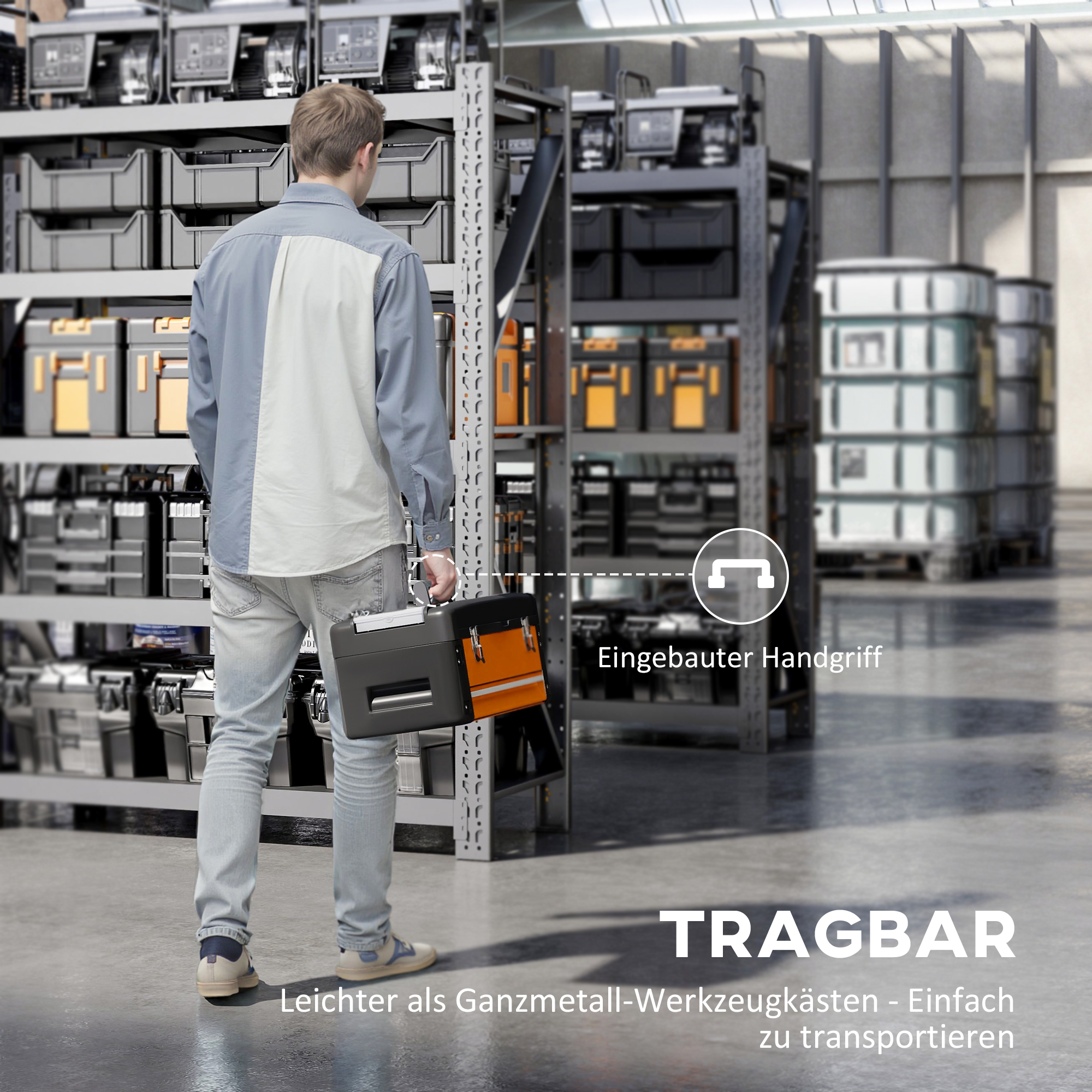 Werkzeugkiste leer, 49,7 x 25,3 x 23 cm Werkzeugkasten mit Schublade, Mini-Box Stahl Orange