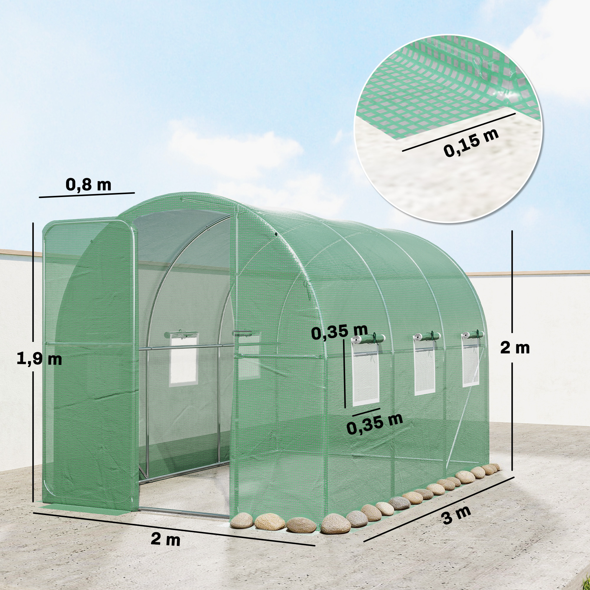 Gewächshaus 3 x 2 x 2 m Foliengewächshaus mit Abschließbar Anschlag-Tür 6 Rollbar Netzfenster Stützstangen