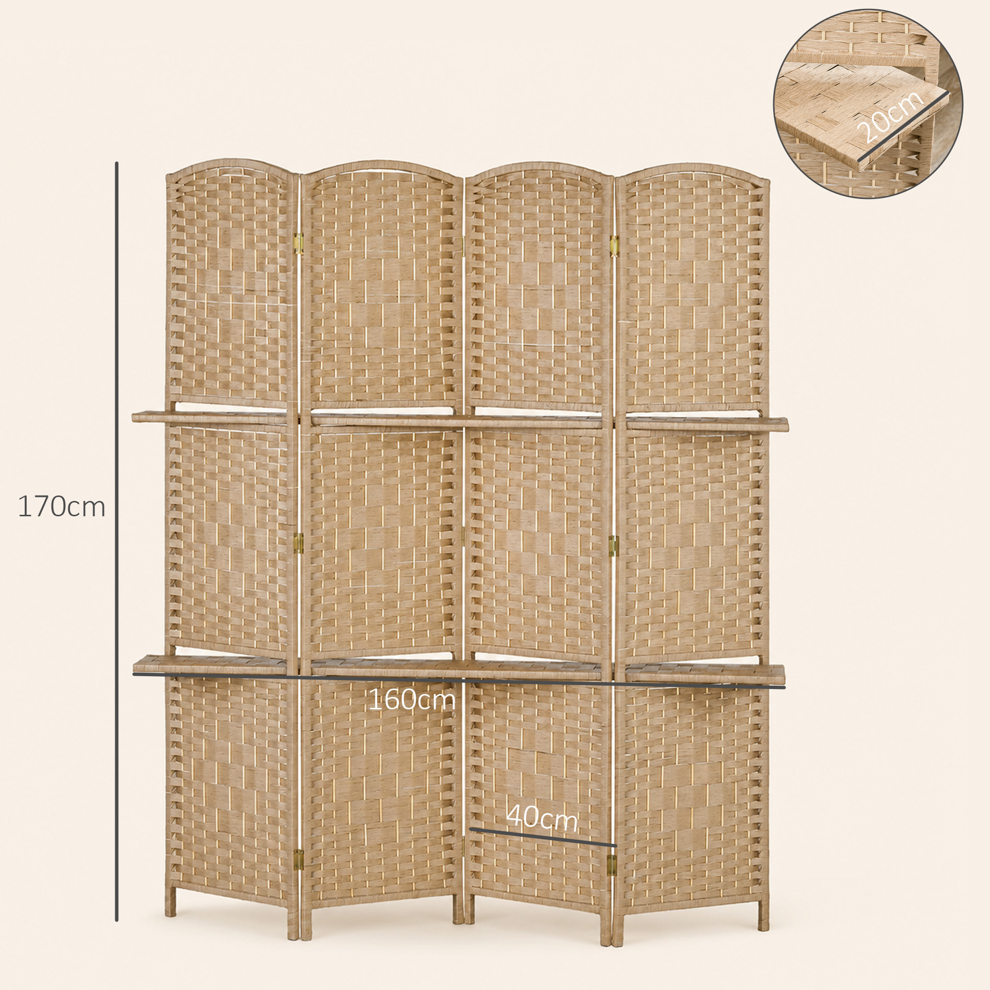 4-teiliger Paravent, 160 x 170 cm, faltbare Trennwand mit 2 Regalen, Naturholz