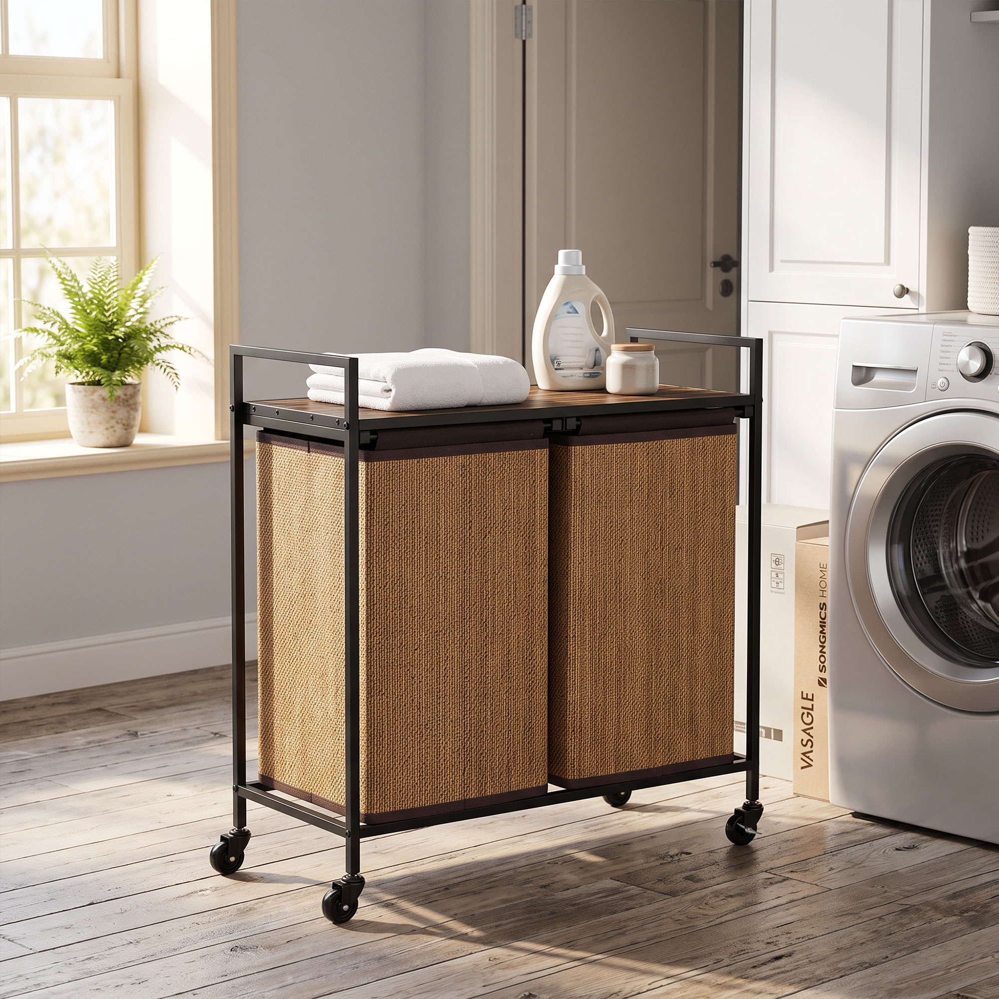 Wäschekorb Bambus 2 Fächer 120 L Wäschesammler mit Regal Ablage, Wäschebox Wäschesack, Rollbar 73x33x78 cm, Braun