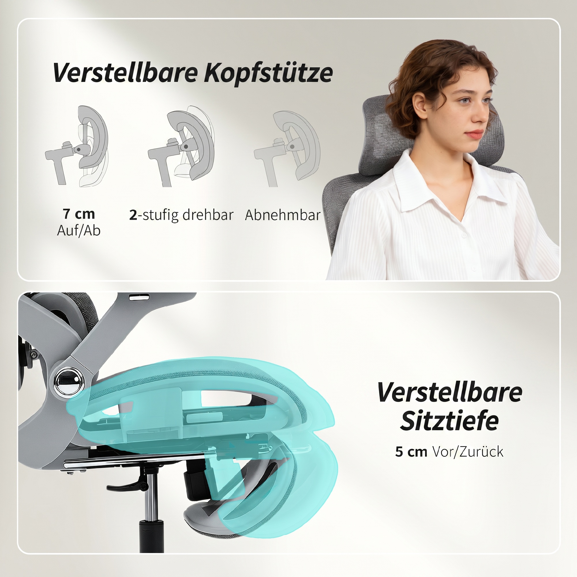 Ergonomischer Bürostuhl, Mesh-Computersessel mit separatem Rücken, Lendenstütze, 4D klappbare Armlehnen, Grau