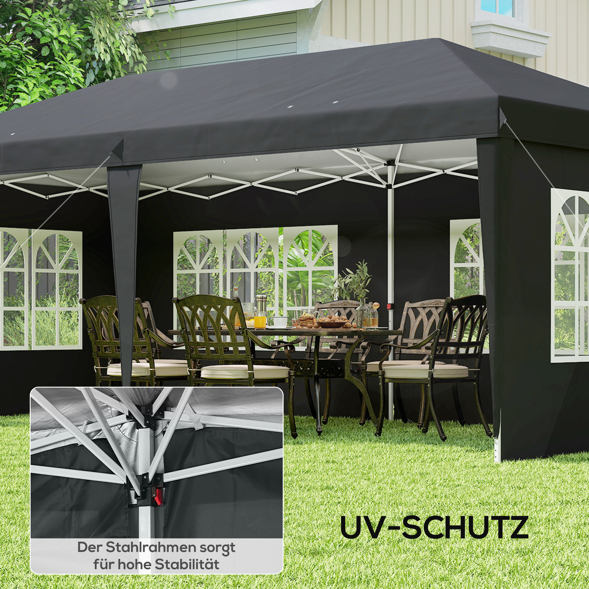 Pavillon ca. 3x6m Wasserdicht Pop-up Faltpavillon mit 4 Seitenwänden, Fenster UV-Schutz Tragetasche Schwarz