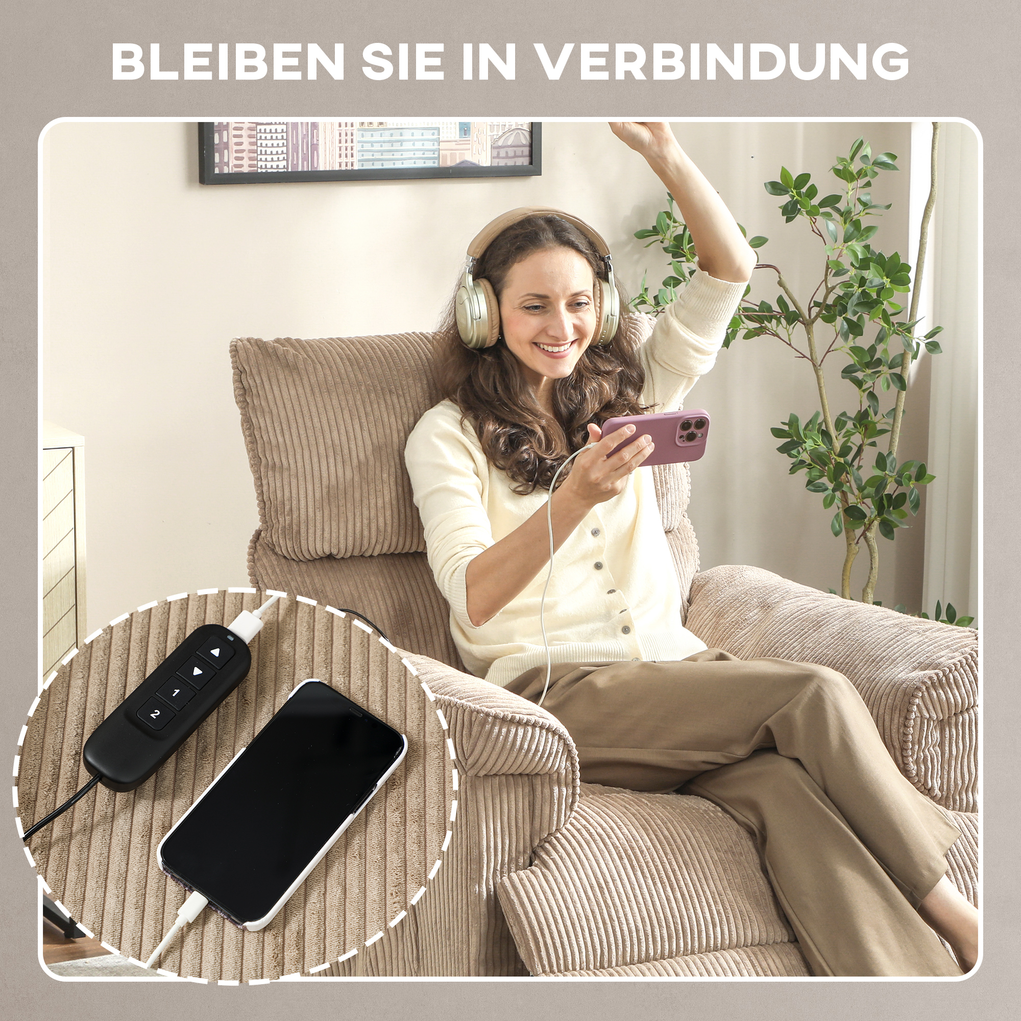 Massagesessel mit Vibrationsmodi, Wärmefunktion, leiser Motor, Memory-Funktion, Stahl, Stoffbezug, Braun