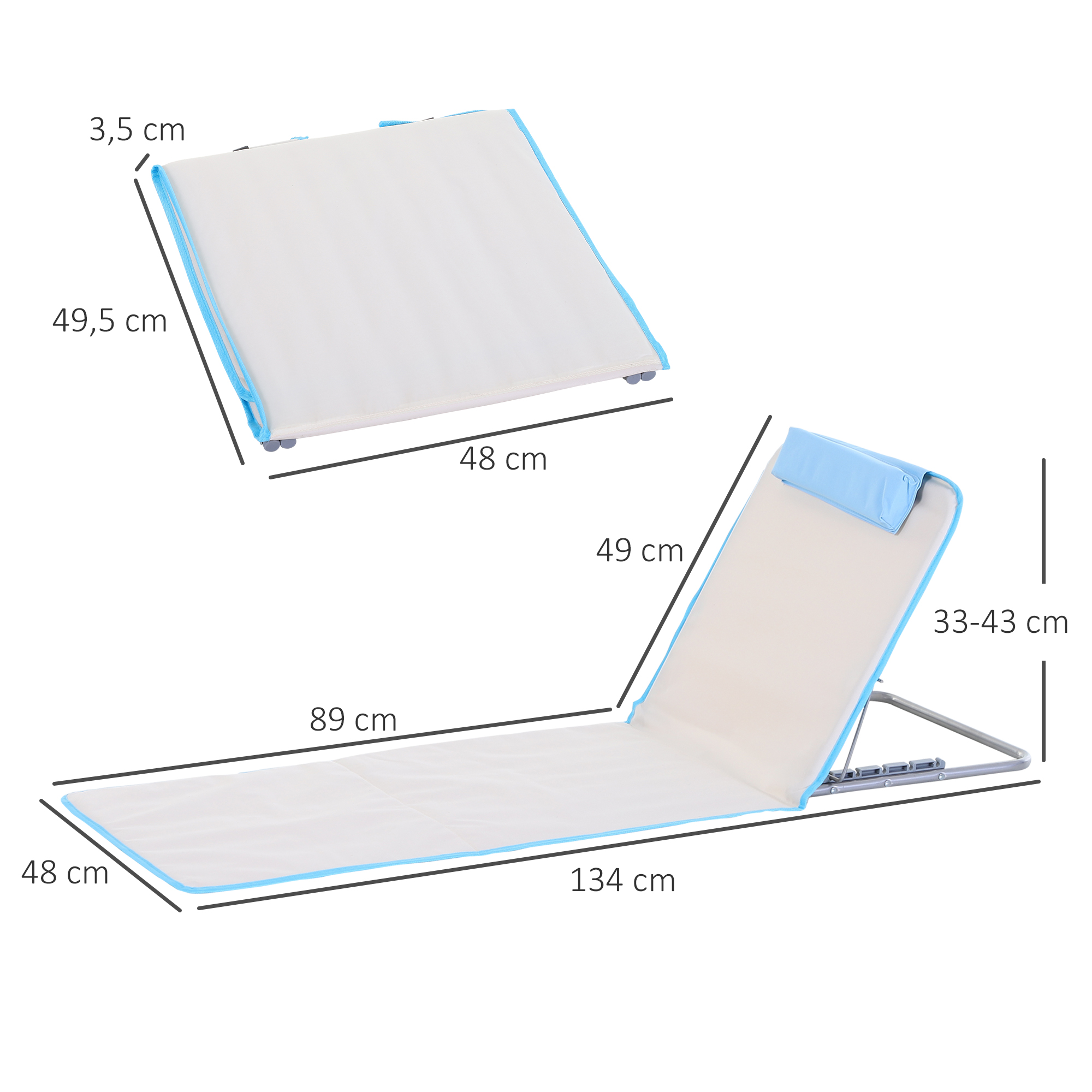 Strandliege Sonnenliege Gartenliege, klappbar, verstellbare Rücklehne, Seitentasche, 48 cm x 134 cm x 33-43 cm, Beige