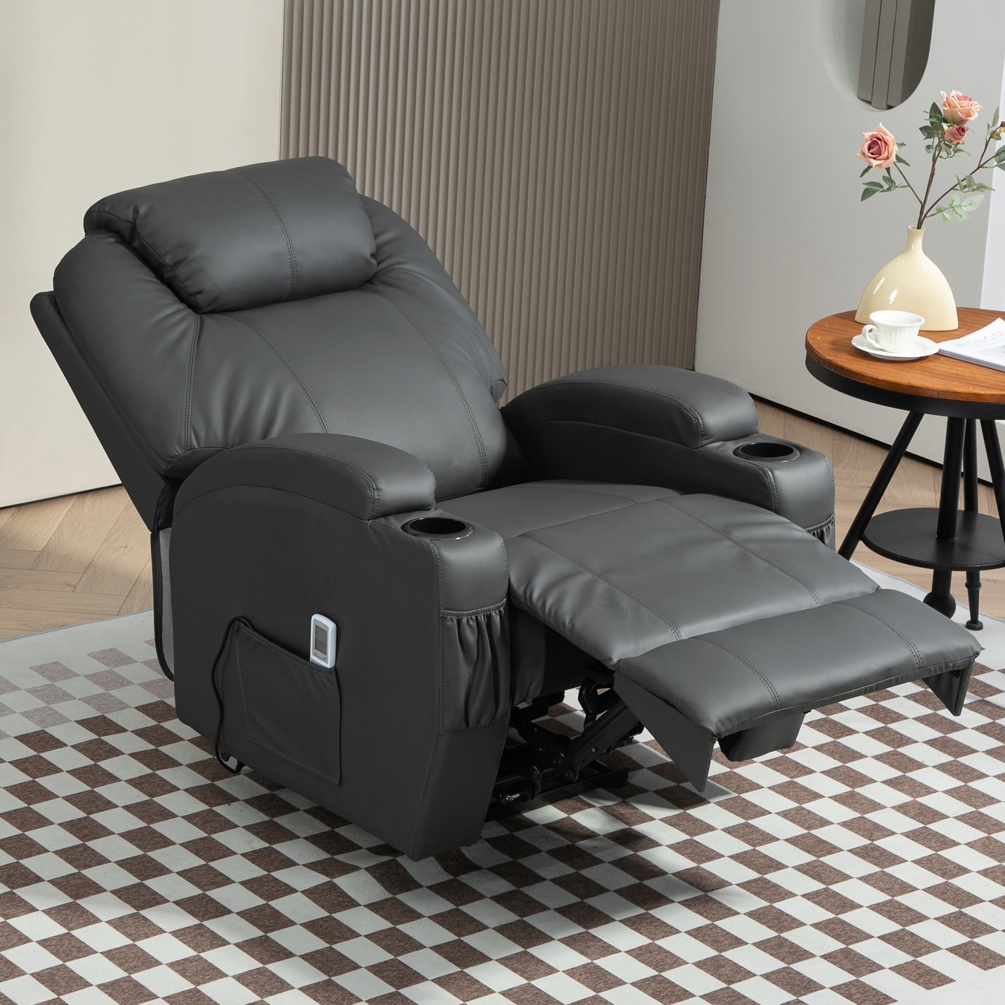 Massagesessel, elektrisch verstellbar, 8 Vibrationspunkte, Becherhalter, Kunstleder, Dunkelgrau