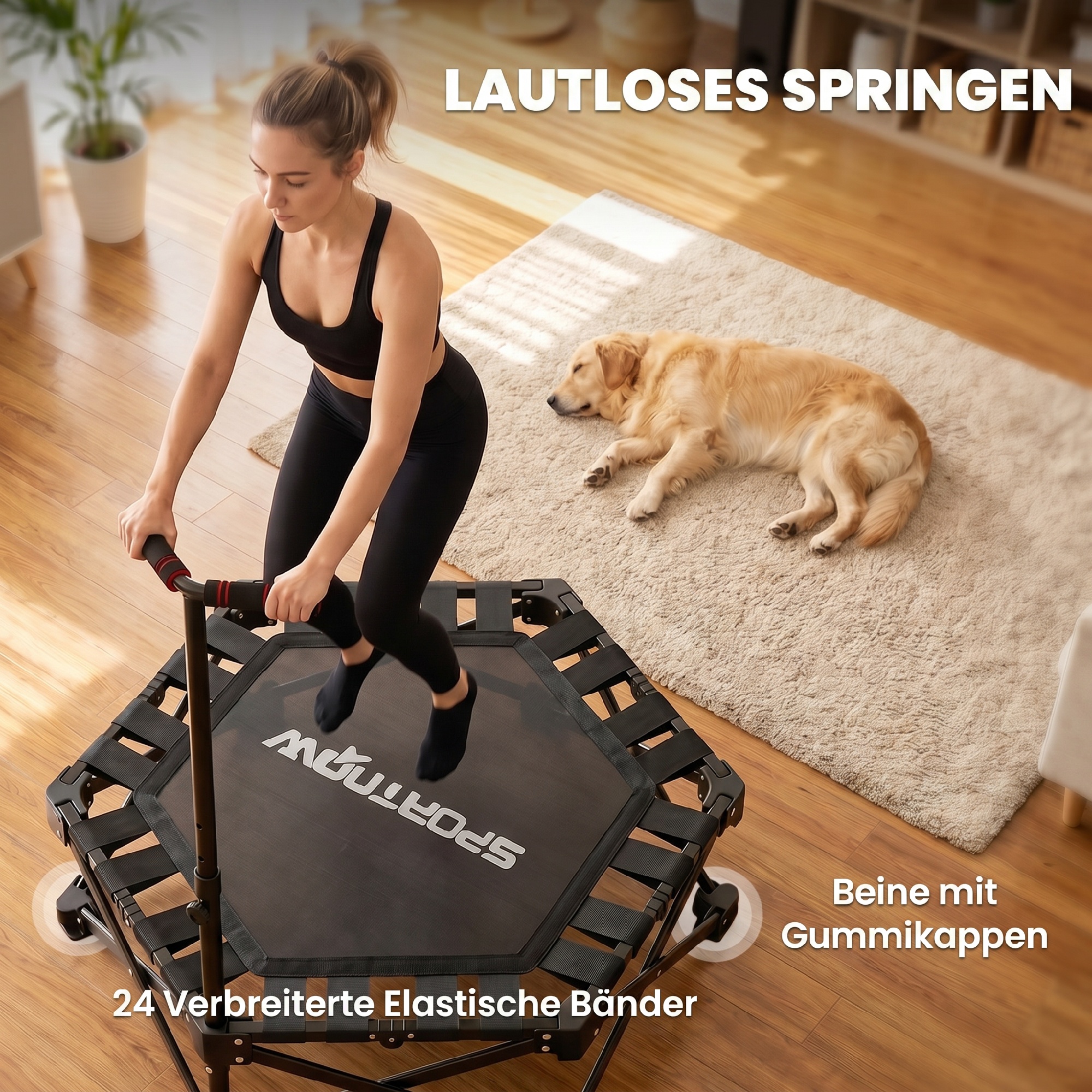 Fitness-Trampolin mit verstellbarem T-Griff, faltbar, Tragetasche, 120 kg Belastbarkeit, Stahl, Kunststoff, Schwarz